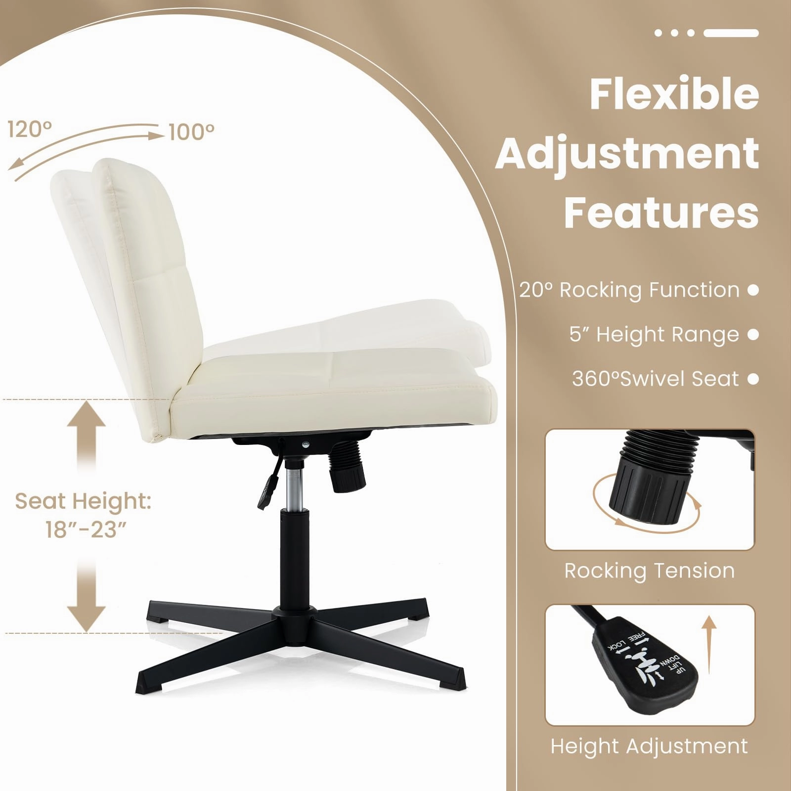 Giantex Criss Cross Chair, PU Leather Cross Legged Office Chair No Wheels, Height-adjustable Swivel Vanity Chair with U-shaped Seat