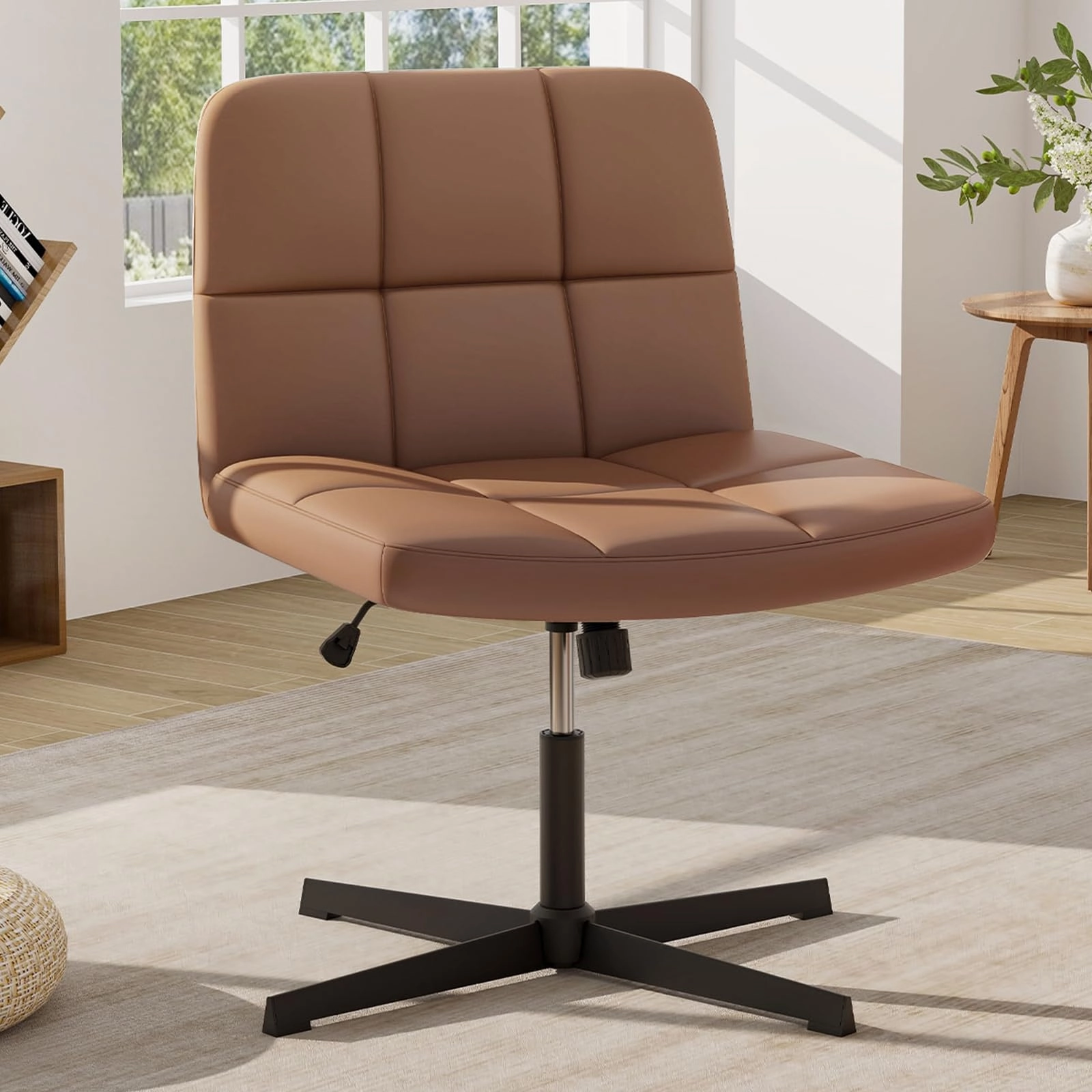 Giantex Criss Cross Chair, PU Leather Cross Legged Office Chair No Wheels, Height-adjustable Swivel Vanity Chair with U-shaped Seat