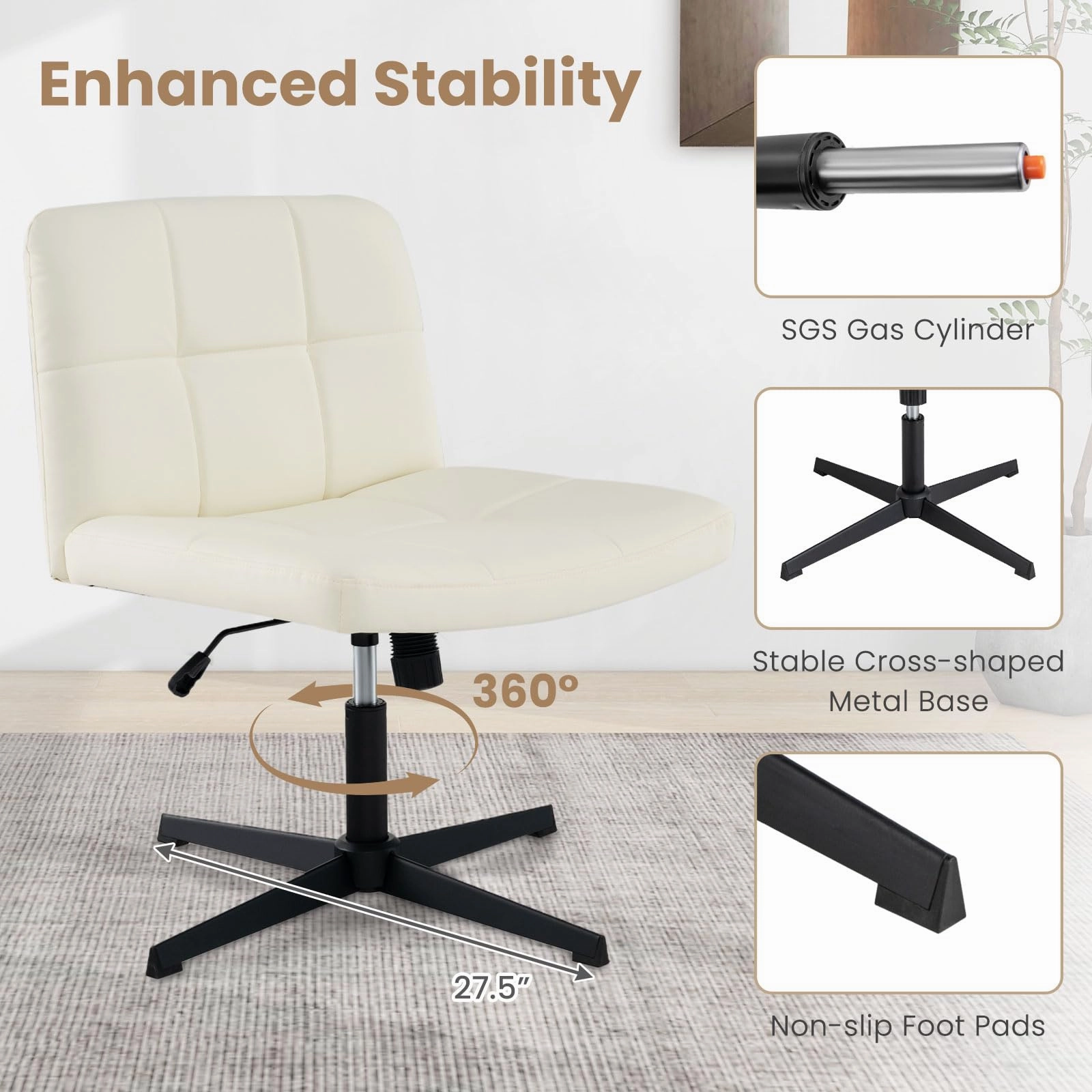 Giantex Criss Cross Chair, PU Leather Cross Legged Office Chair No Wheels, Height-adjustable Swivel Vanity Chair with U-shaped Seat