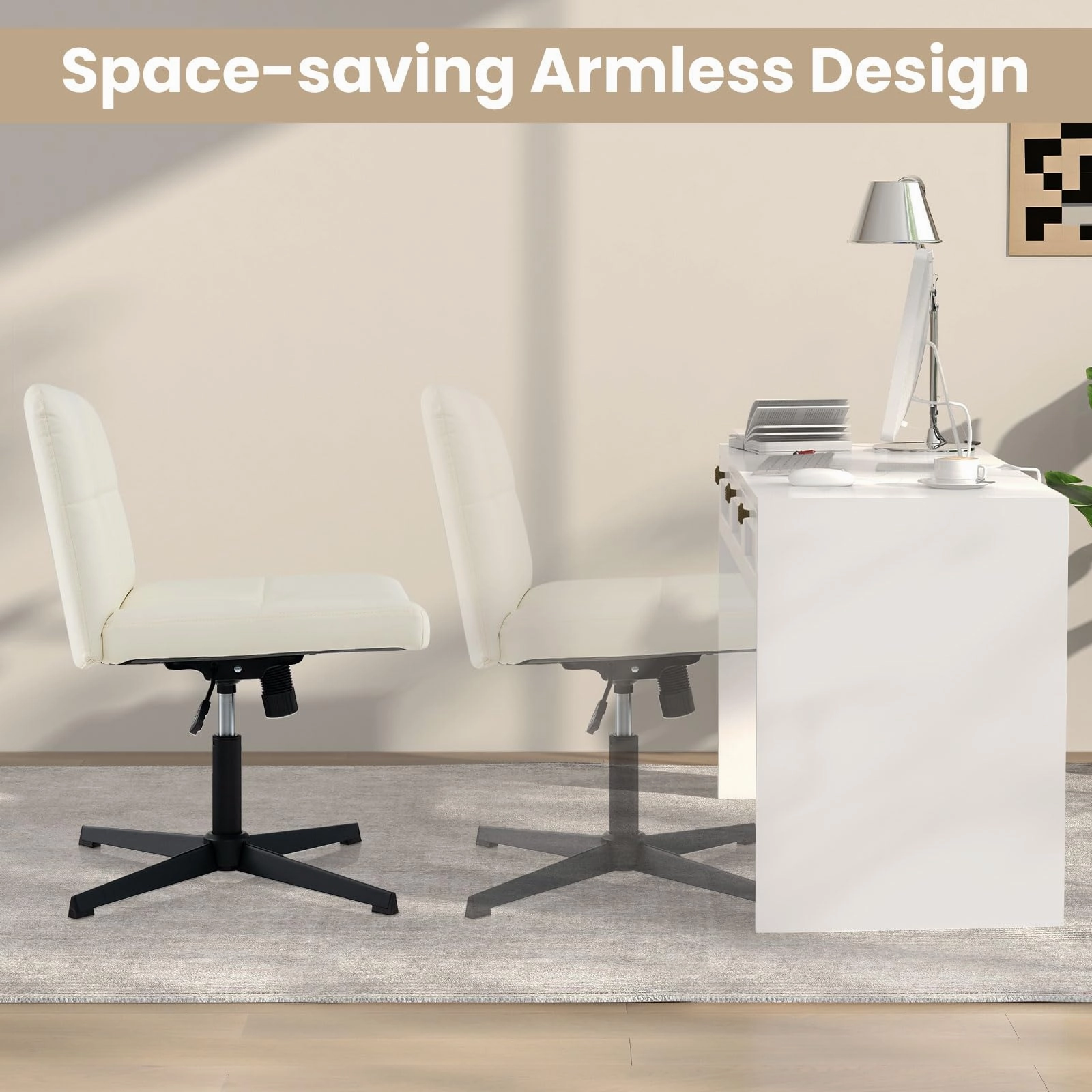 Giantex Criss Cross Chair, PU Leather Cross Legged Office Chair No Wheels, Height-adjustable Swivel Vanity Chair with U-shaped Seat
