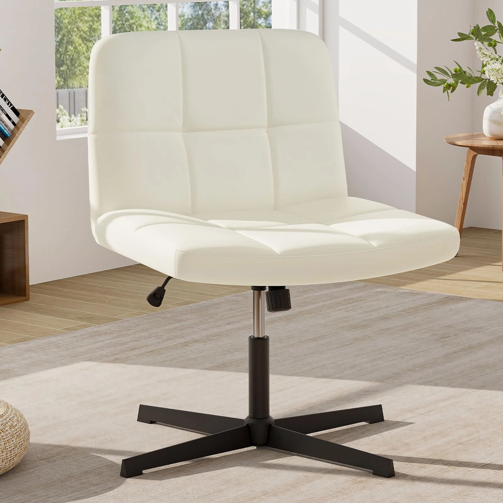 Giantex Criss Cross Chair, PU Leather Cross Legged Office Chair No Wheels, Height-adjustable Swivel Vanity Chair with U-shaped Seat