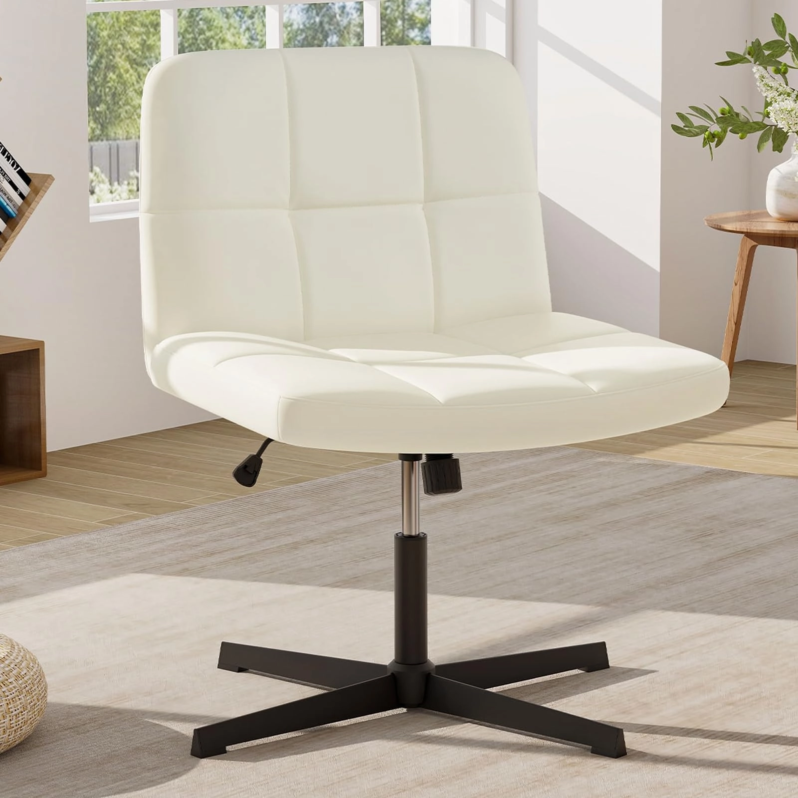 Giantex Criss Cross Chair, PU Leather Cross Legged Office Chair No Wheels, Height-adjustable Swivel Vanity Chair with U-shaped Seat