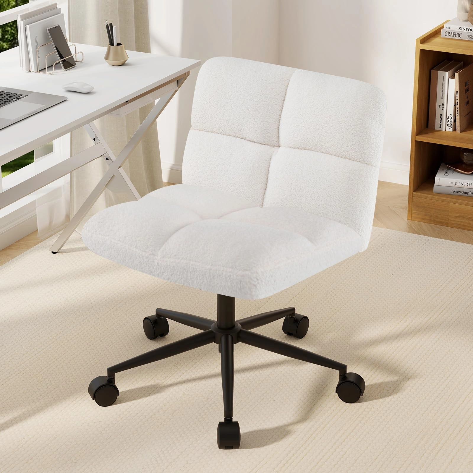 Giantex Criss Cross Chair with Wheels, Faux Fur Cross Legged Office Chair, Armless Wide Desk Chair