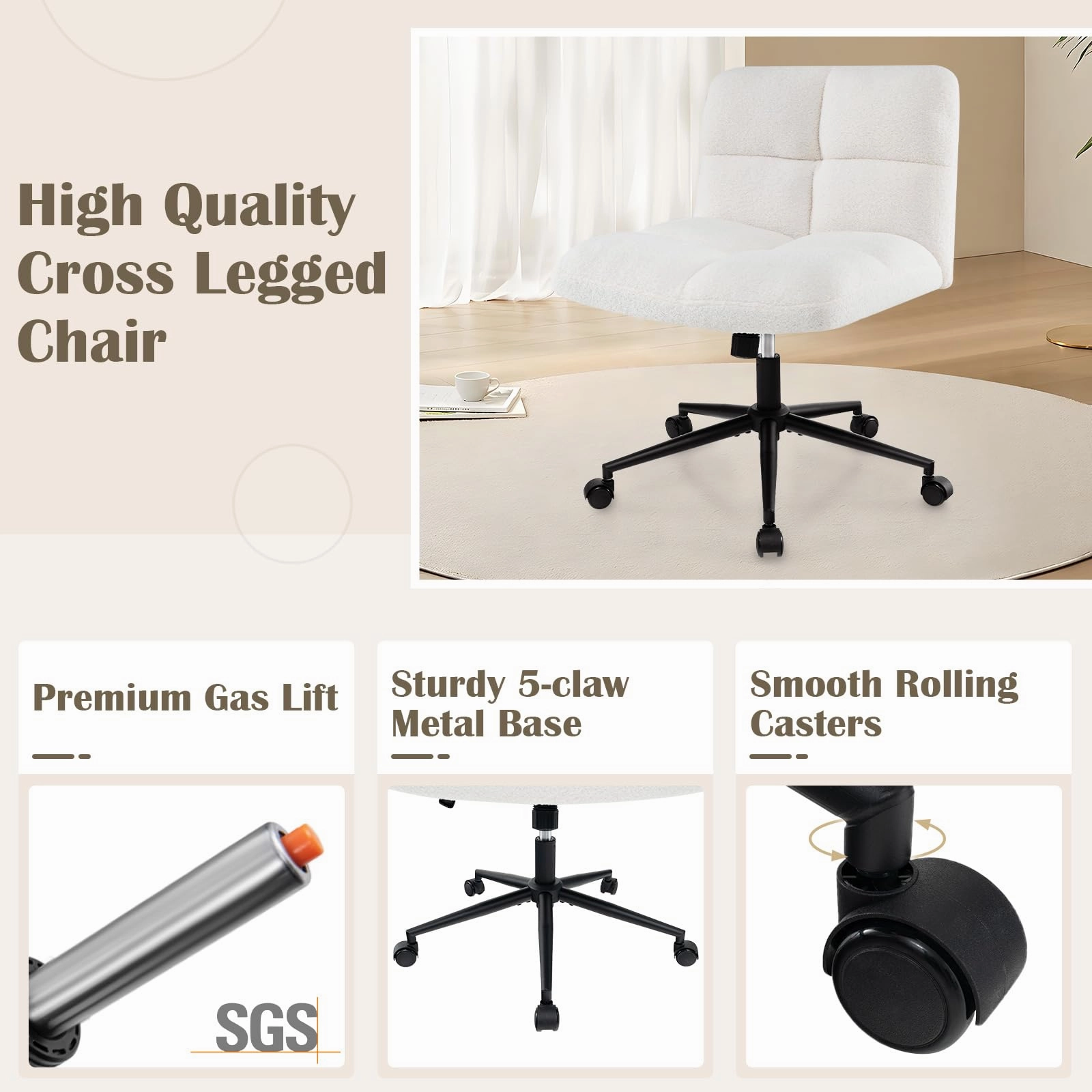 Giantex Criss Cross Chair with Wheels, Faux Fur Cross Legged Office Chair, Armless Wide Desk Chair
