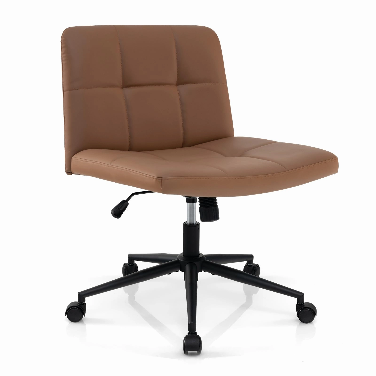 Giantex Criss Cross Chair with Wheels, PU Leather Cross Legged Office Chair, Height-adjustable Swivel Vanity Chair