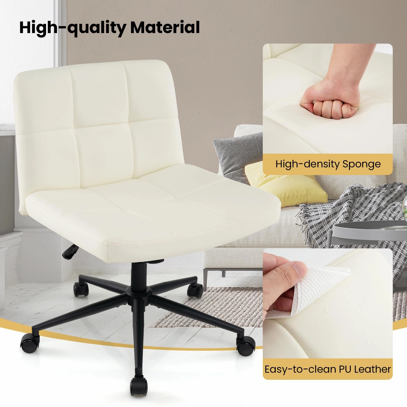 Giantex Criss Cross Chair with Wheels, PU Leather Cross Legged Office Chair, Height-adjustable Swivel Vanity Chair