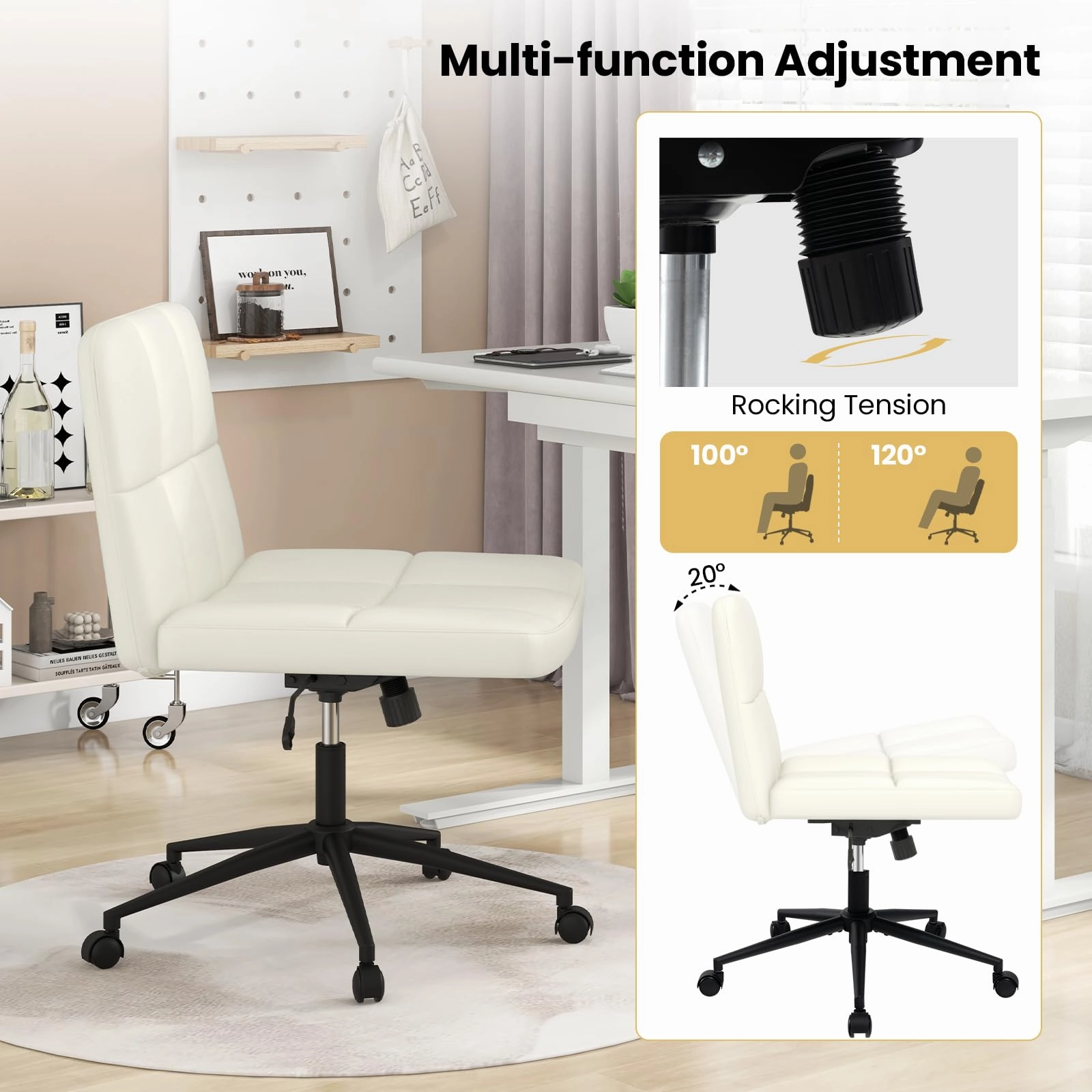Giantex Criss Cross Chair with Wheels, PU Leather Cross Legged Office Chair, Height-adjustable Swivel Vanity Chair
