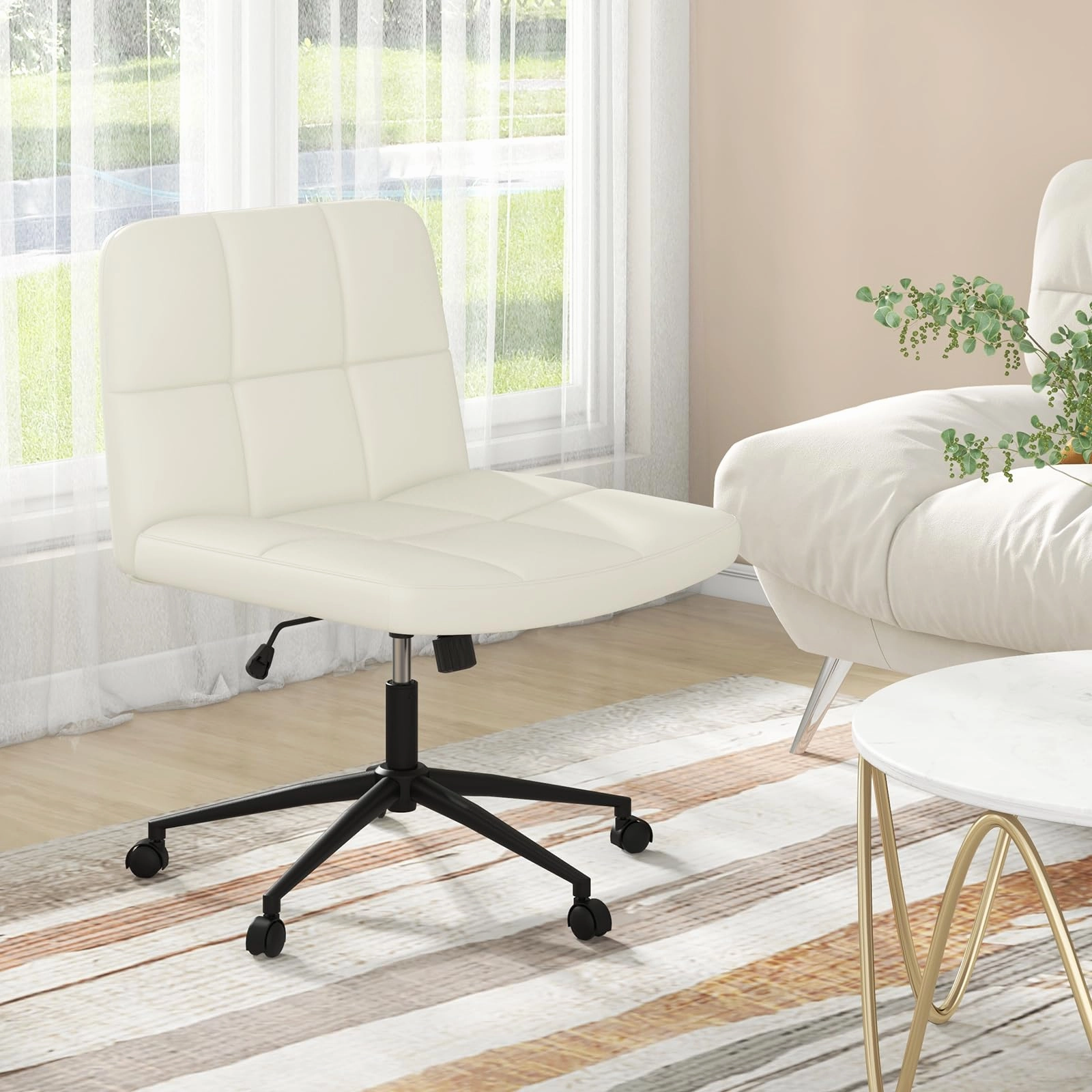 Giantex Criss Cross Chair with Wheels, PU Leather Cross Legged Office Chair, Height-adjustable Swivel Vanity Chair