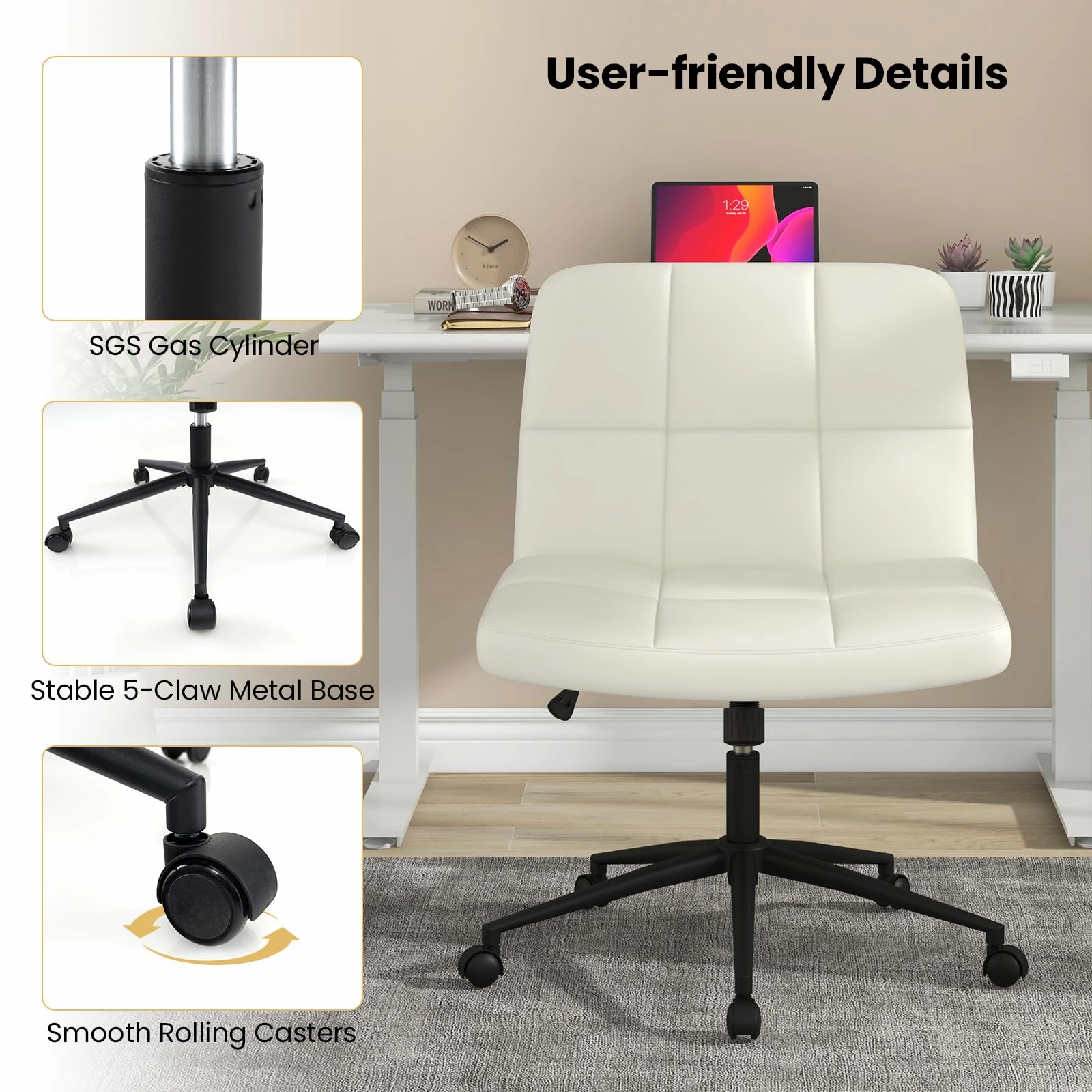 Giantex Criss Cross Chair with Wheels, PU Leather Cross Legged Office Chair, Height-adjustable Swivel Vanity Chair