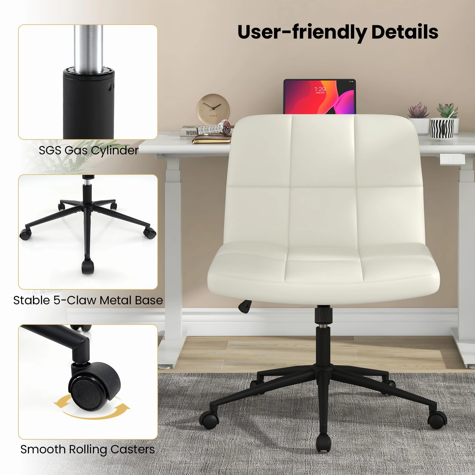 Giantex Criss Cross Chair with Wheels, PU Leather Cross Legged Office Chair, Height-adjustable Swivel Vanity Chair