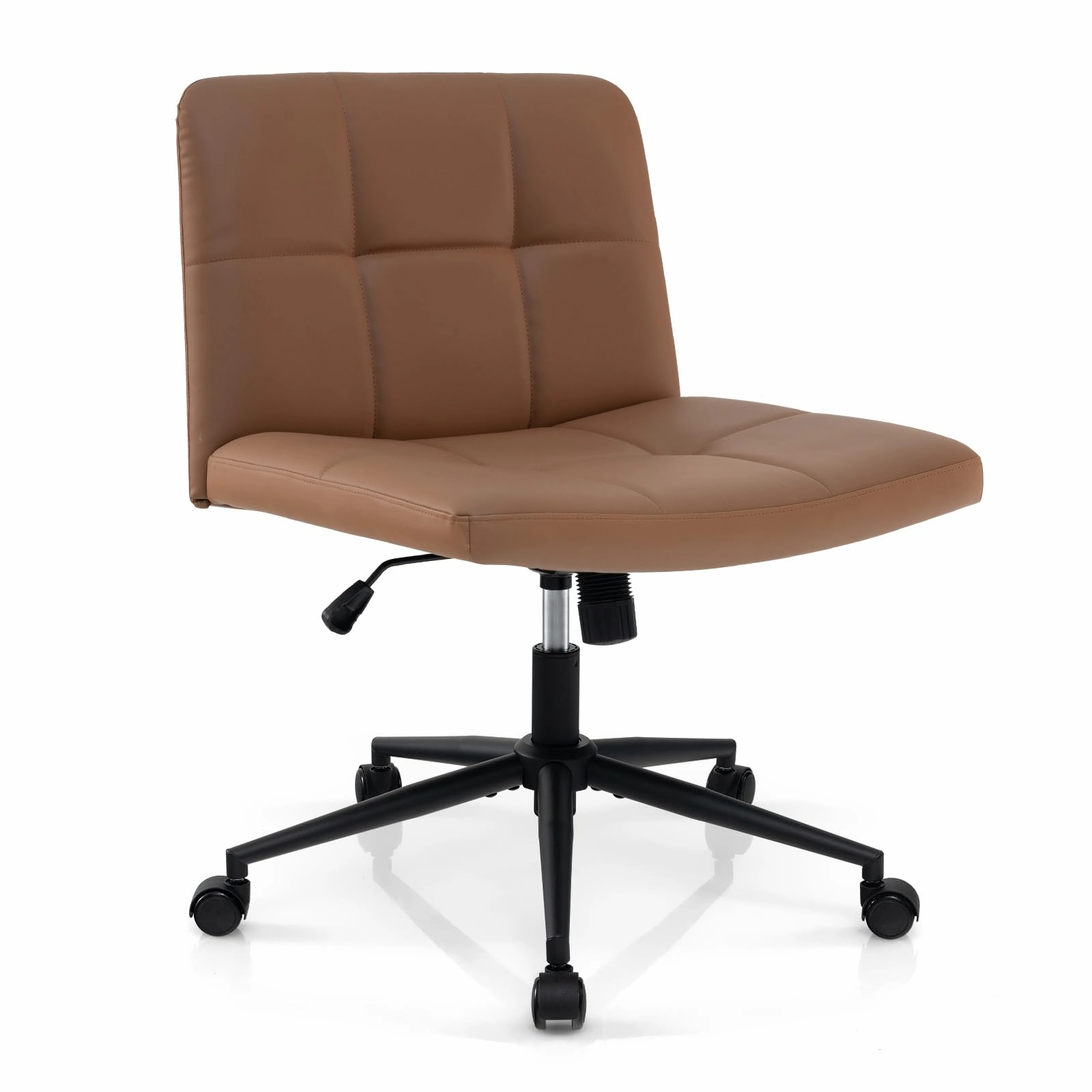 Giantex Criss Cross Chair with Wheels, PU Leather Cross Legged Office Chair, Height-adjustable Swivel Vanity Chair