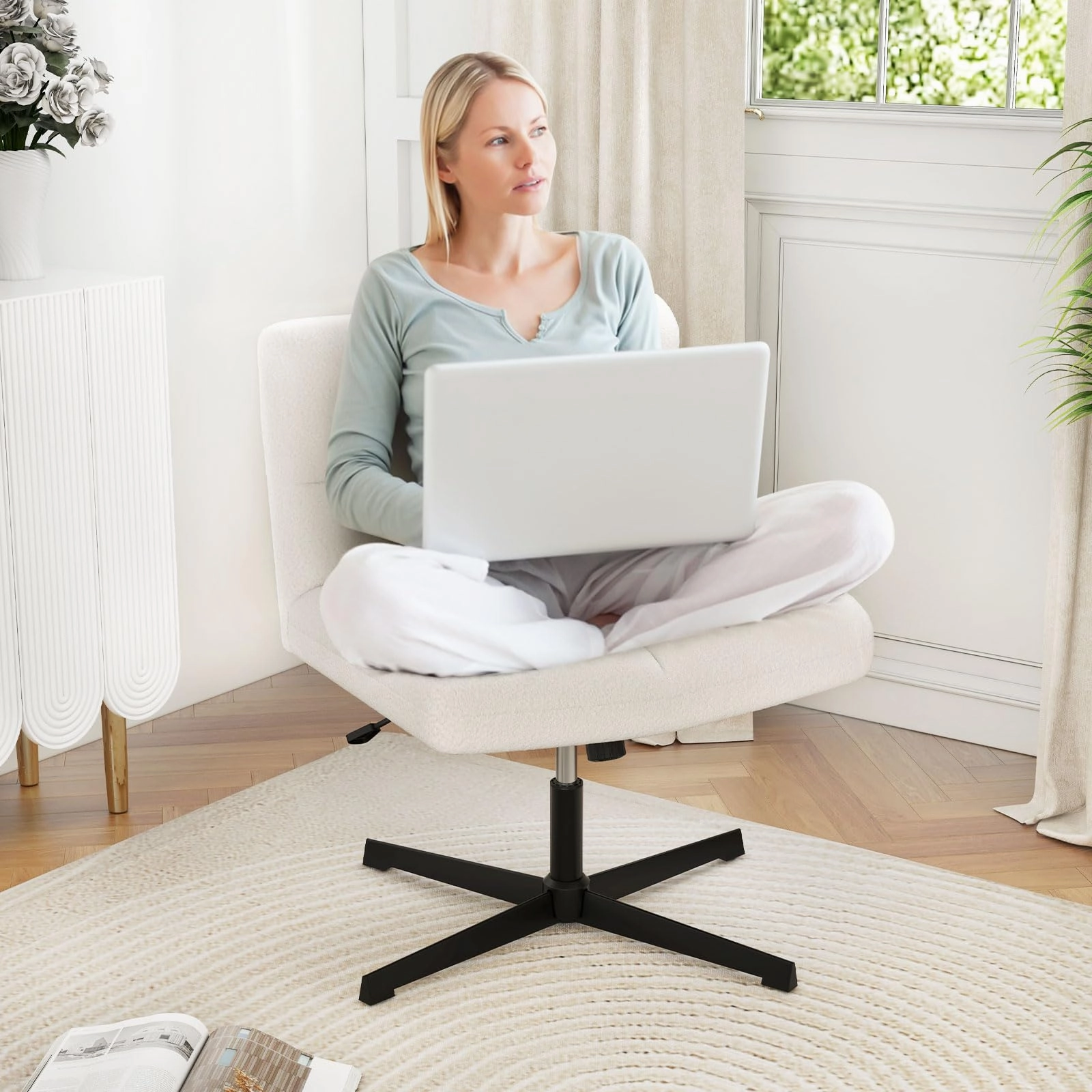 Giantex Cross Legged Office Chair, Faux Fur Armless Desk Chair with Wide Seat