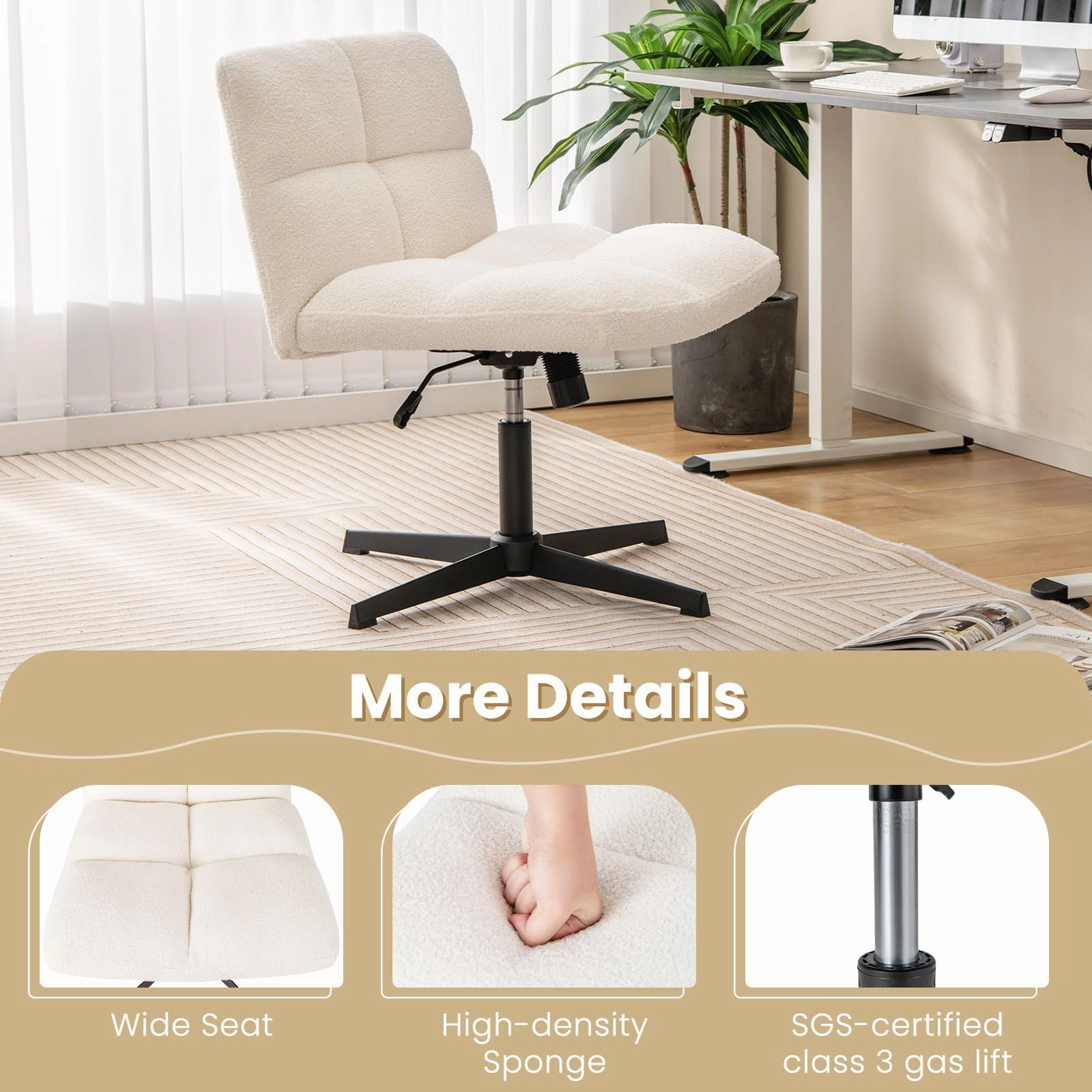 Giantex Cross Legged Office Chair, Faux Fur Armless Desk Chair with Wide Seat