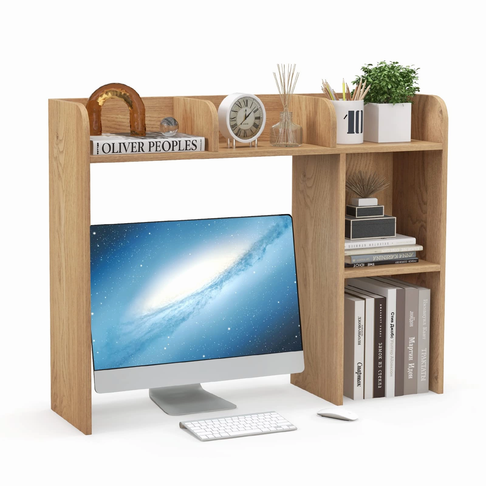 Giantex Desktop Bookshelf, Wood Desk Hutch Organizer for 27 Inch Computer Monitor