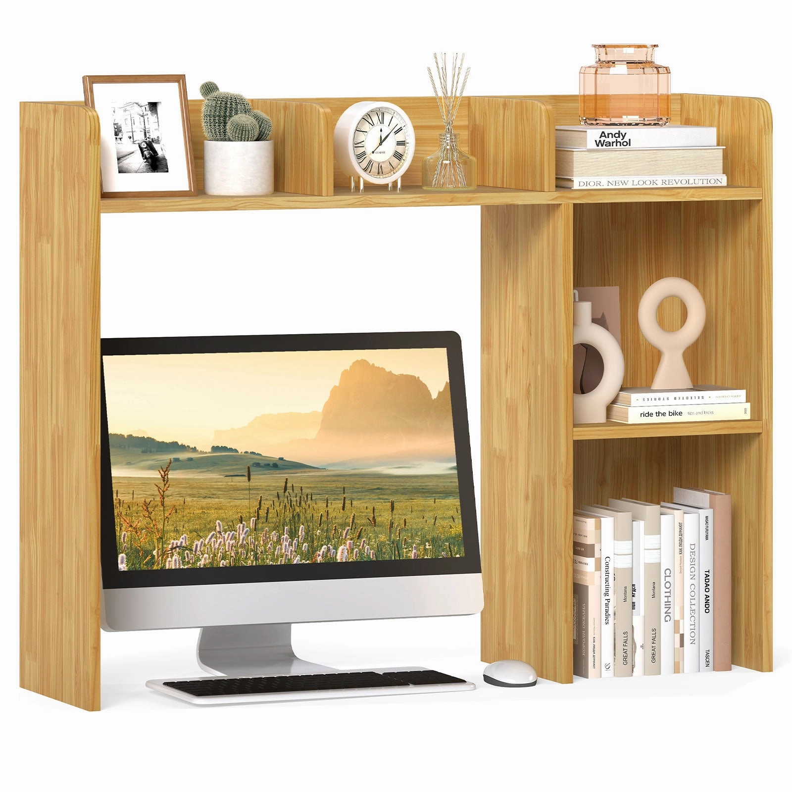 Giantex Desktop Bookshelf, Wood Desk Hutch Organizer for 27 Inch Computer Monitor