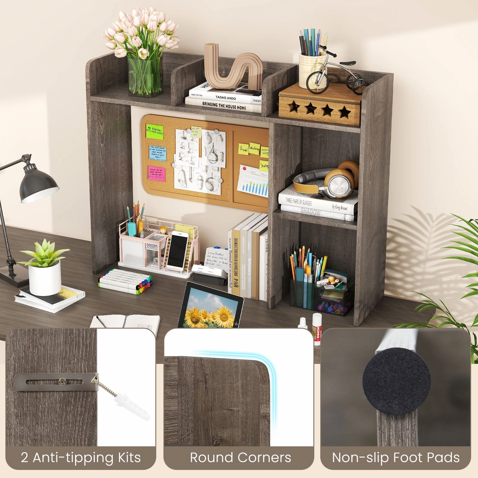 Giantex Desktop Bookshelf, Wood Desk Hutch Organizer for 27 Inch Computer Monitor