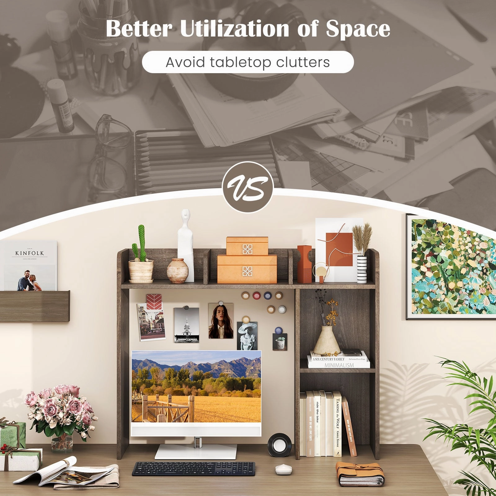 Giantex Desktop Bookshelf, Wood Desk Hutch Organizer for 27 Inch Computer Monitor