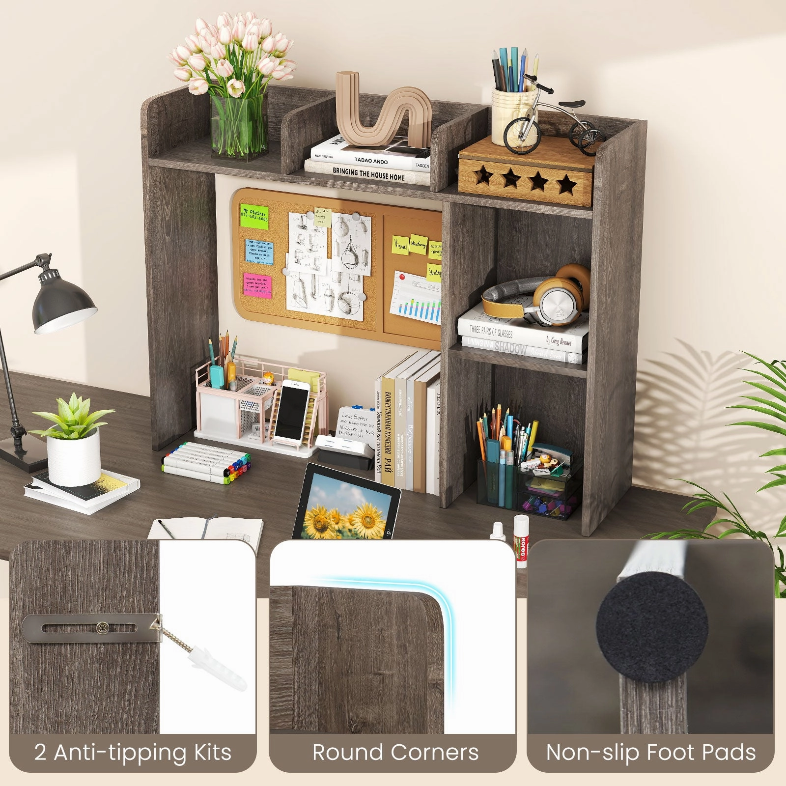 Giantex Desktop Bookshelf, Wood Desk Hutch Organizer for 27 Inch Computer Monitor