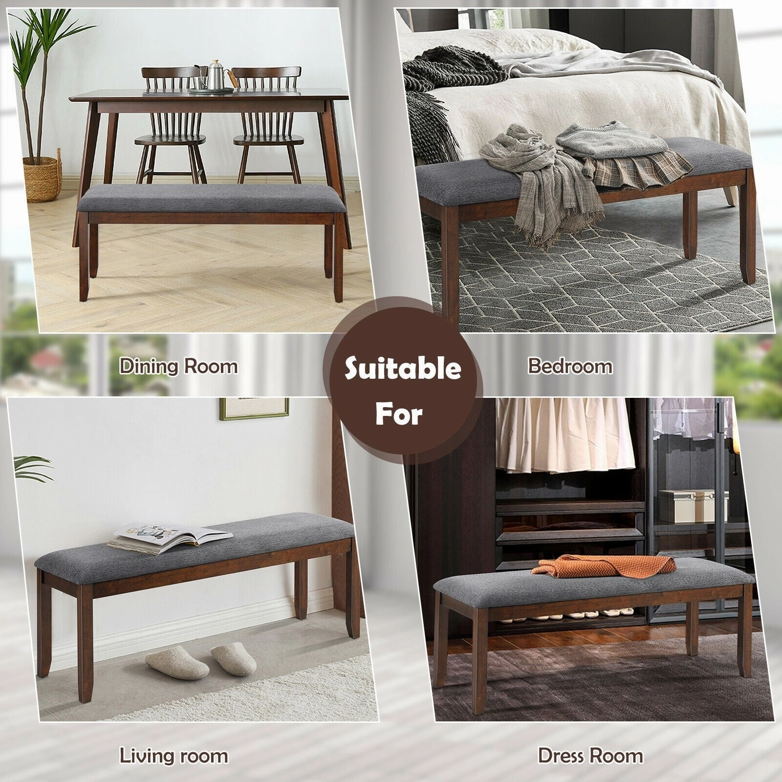 Giantex Dining Room Bench, Wood Kitchen Table Bench with Upholstered, 47.5 x 15.5 x 19.5 Inches Ottoman Bench