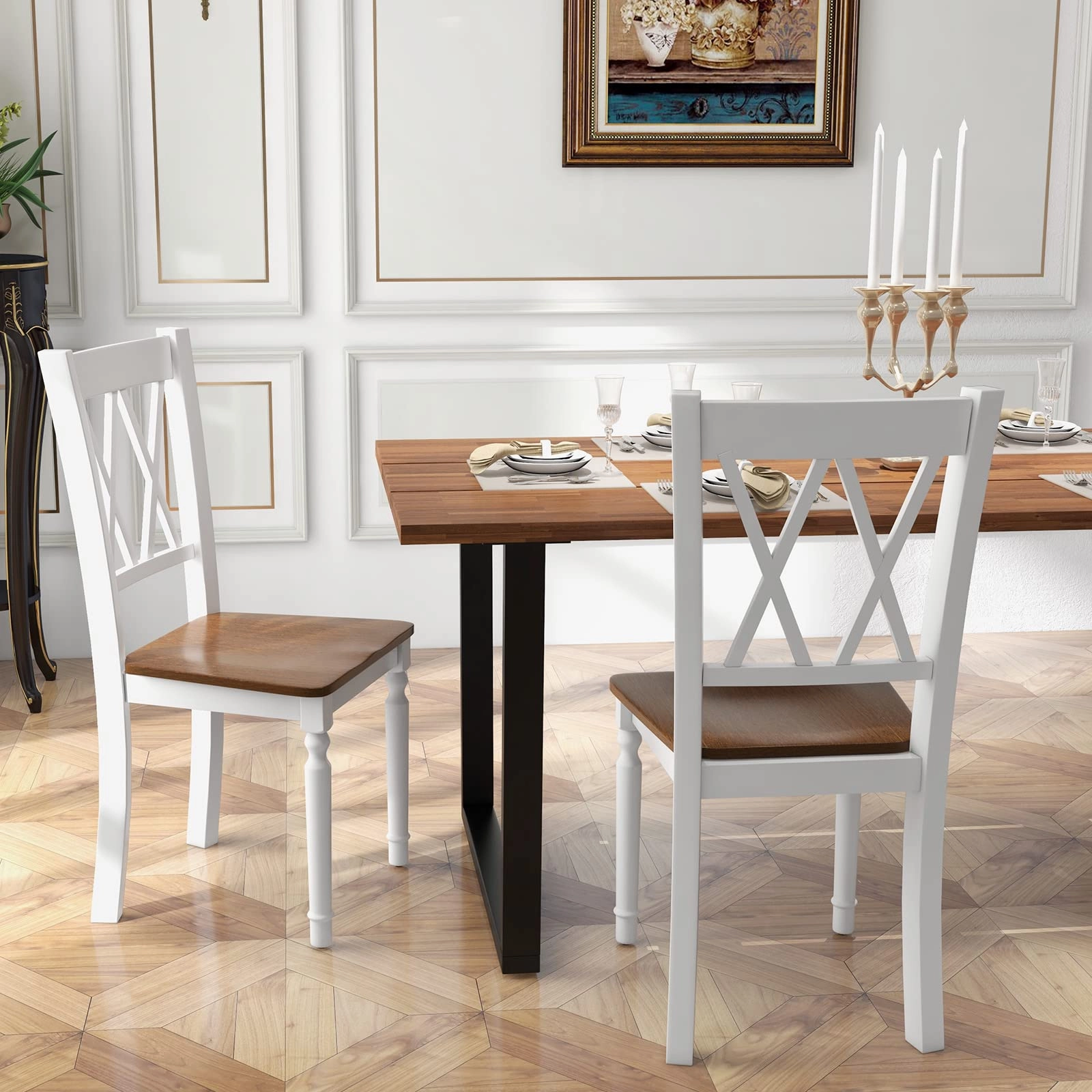 Giantex Dining Room Chairs Set of 2 White, Wooden Farmhouse Kitchen Chairs with Rubber Wood Seat