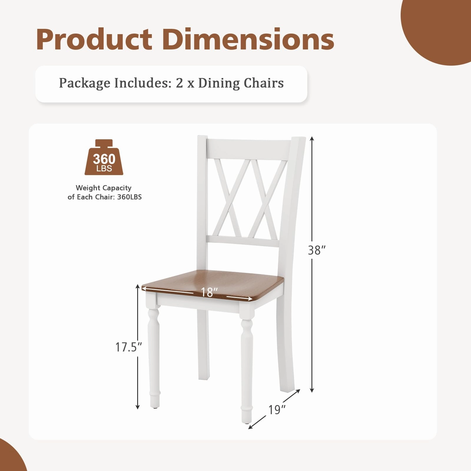Giantex Dining Room Chairs Set of 2 White, Wooden Farmhouse Kitchen Chairs with Rubber Wood Seat
