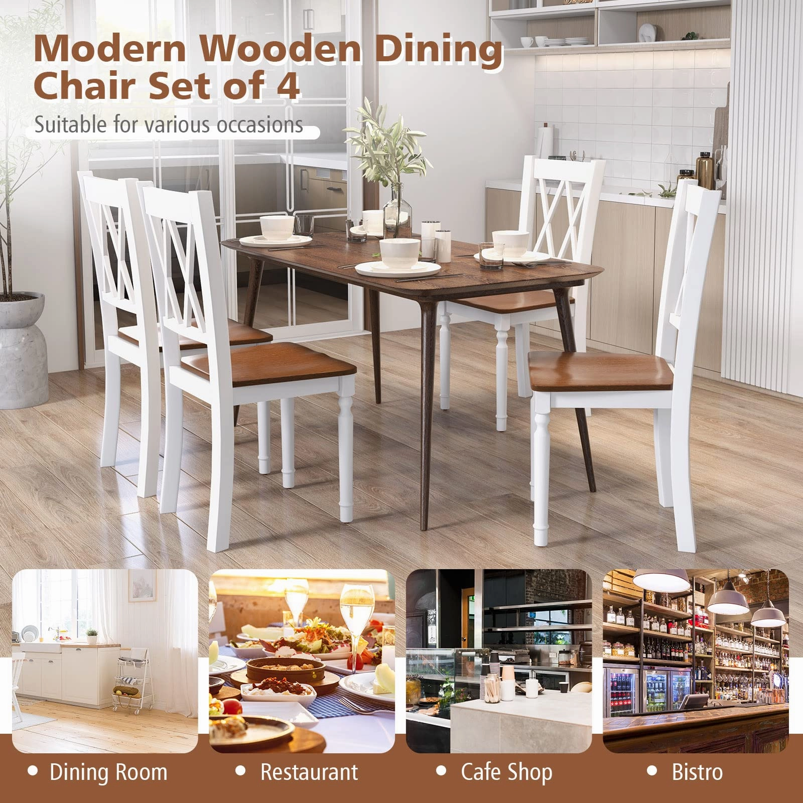 Giantex Dining Room Chairs Set of 4 White - Wooden Farmhouse Kitchen Chairs with Rubber Wood Seat