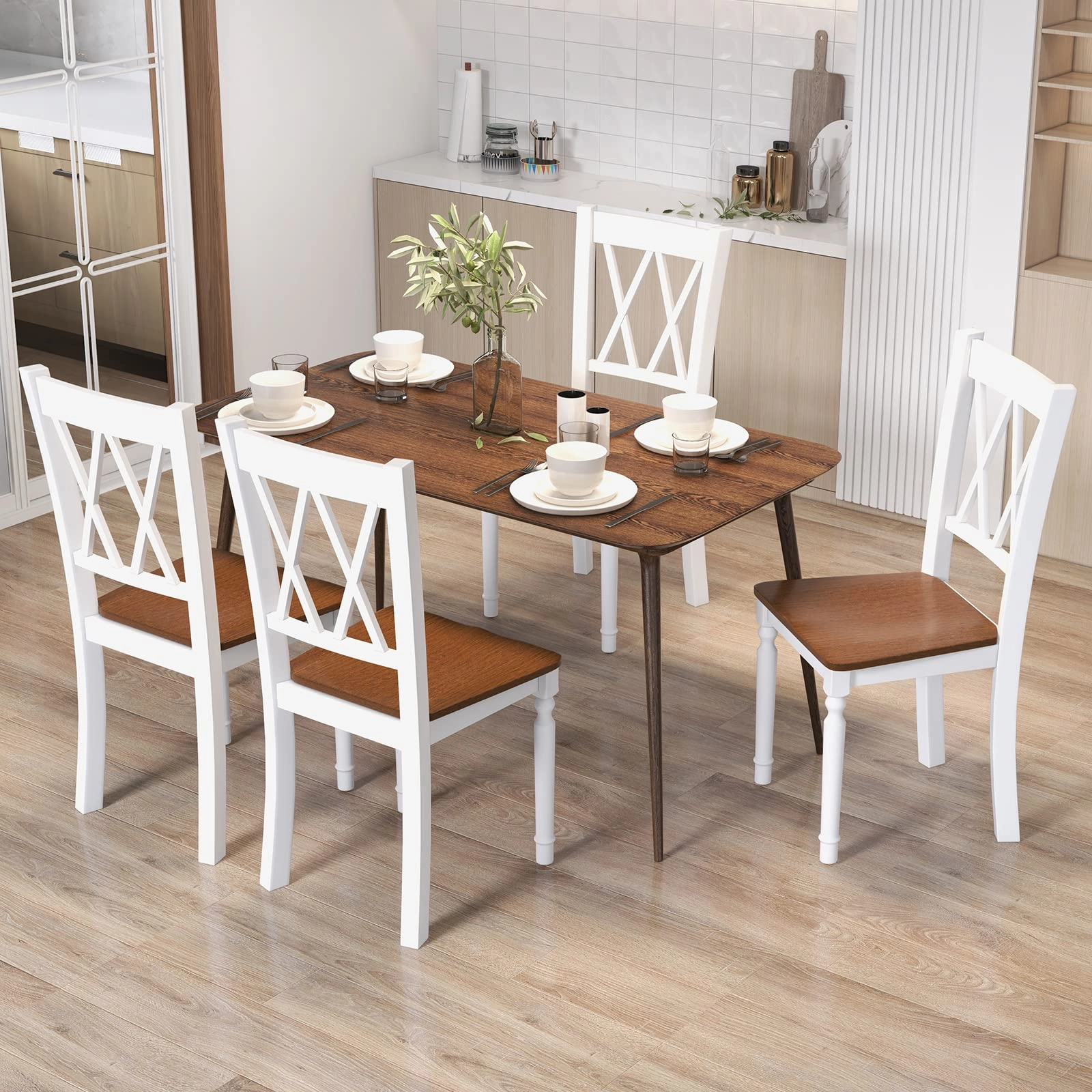 Giantex Dining Room Chairs Set of 4 White - Wooden Farmhouse Kitchen Chairs with Rubber Wood Seat