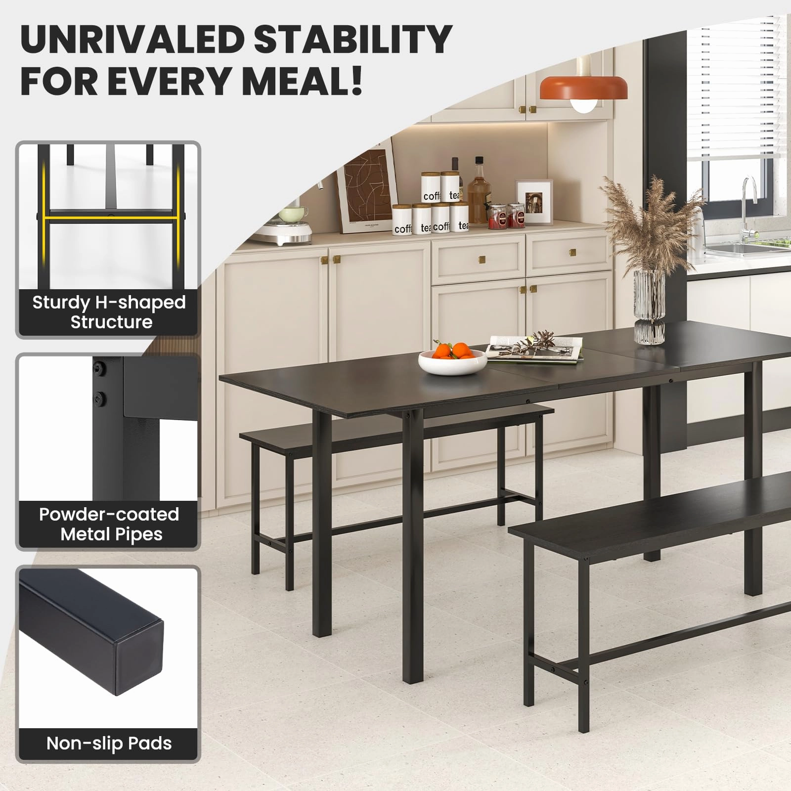 Giantex Dining Room Table Set for 4-6, 3 Piece Dining Table Set, 63 Extendable Dining Table with 2 Benches