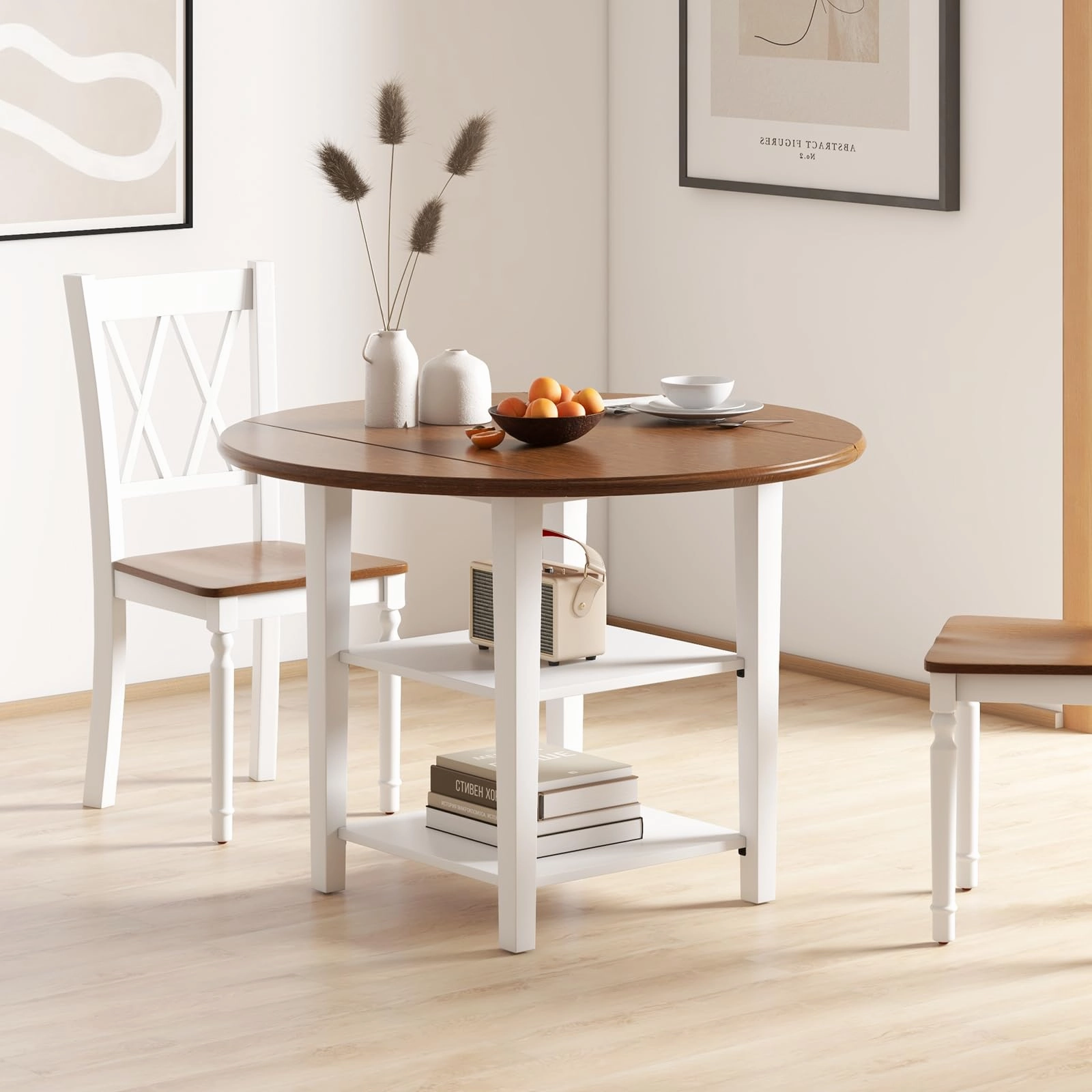 Giantex Dining Table, Drop Leaf Kitchen Table, 42.5 Inches Round Table with Storage Shelves