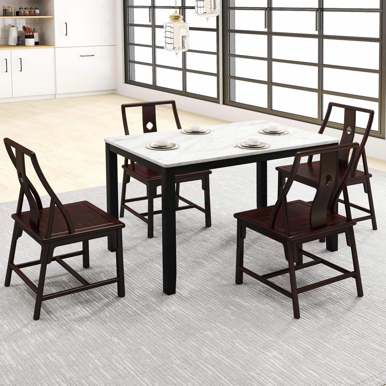 Giantex Dining Table for 4 People, 45" Rectangular Mid Century Kitchen Table with Faux Marble Tabletop