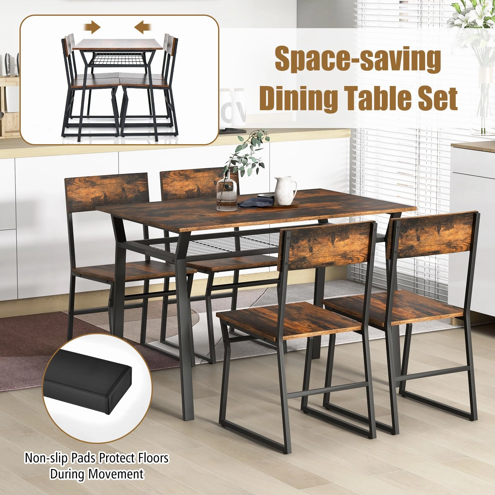 Giantex Dining Table Set for 4, 47L x 28W Rectangular Kitchen Table w/ 4 Trapezoid Chairs