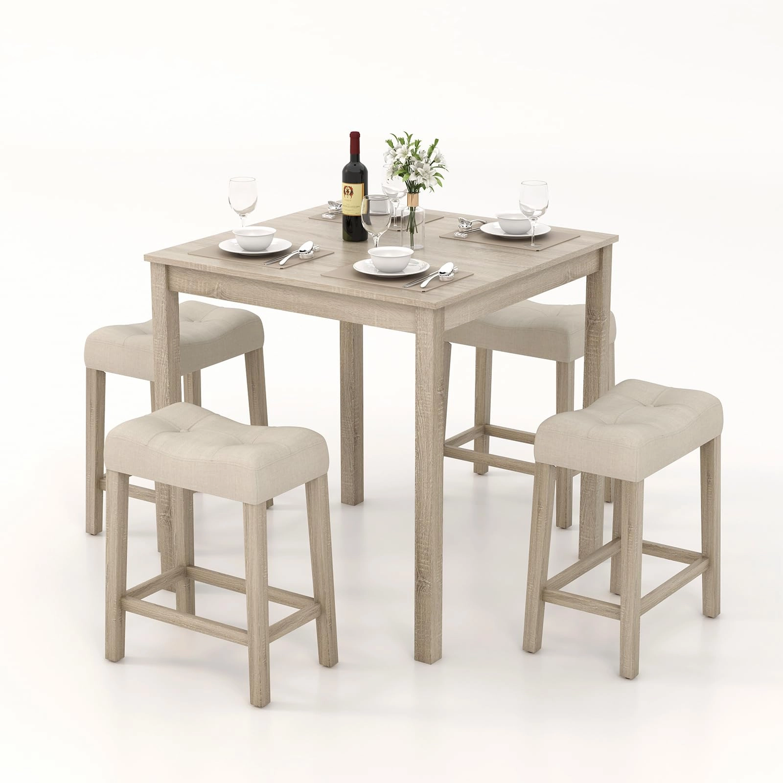 Giantex Dining Table Set for 4, 5-Piece Bar Table Set with 35x35 Square Table, 18x11 Padded Stools kitchen towel, placemats
