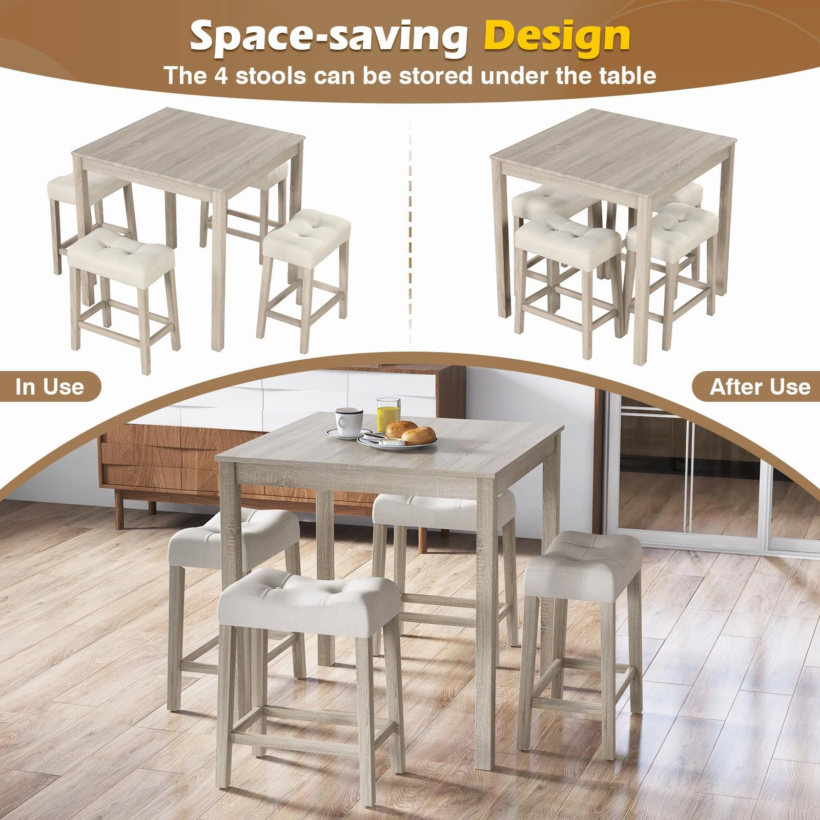 Giantex Dining Table Set for 4, 5-Piece Bar Table Set with 35x35 Square Table, 18x11 Padded Stools