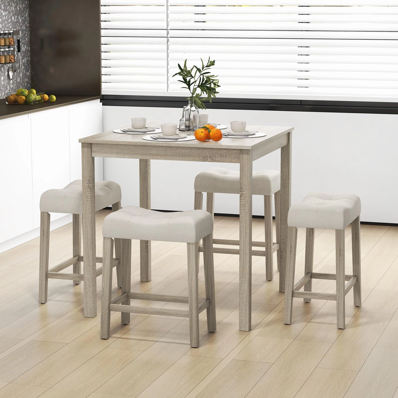 Giantex Dining Table Set for 4, 5-Piece Bar Table Set with 35x35 Square Table, 18x11 Padded Stools