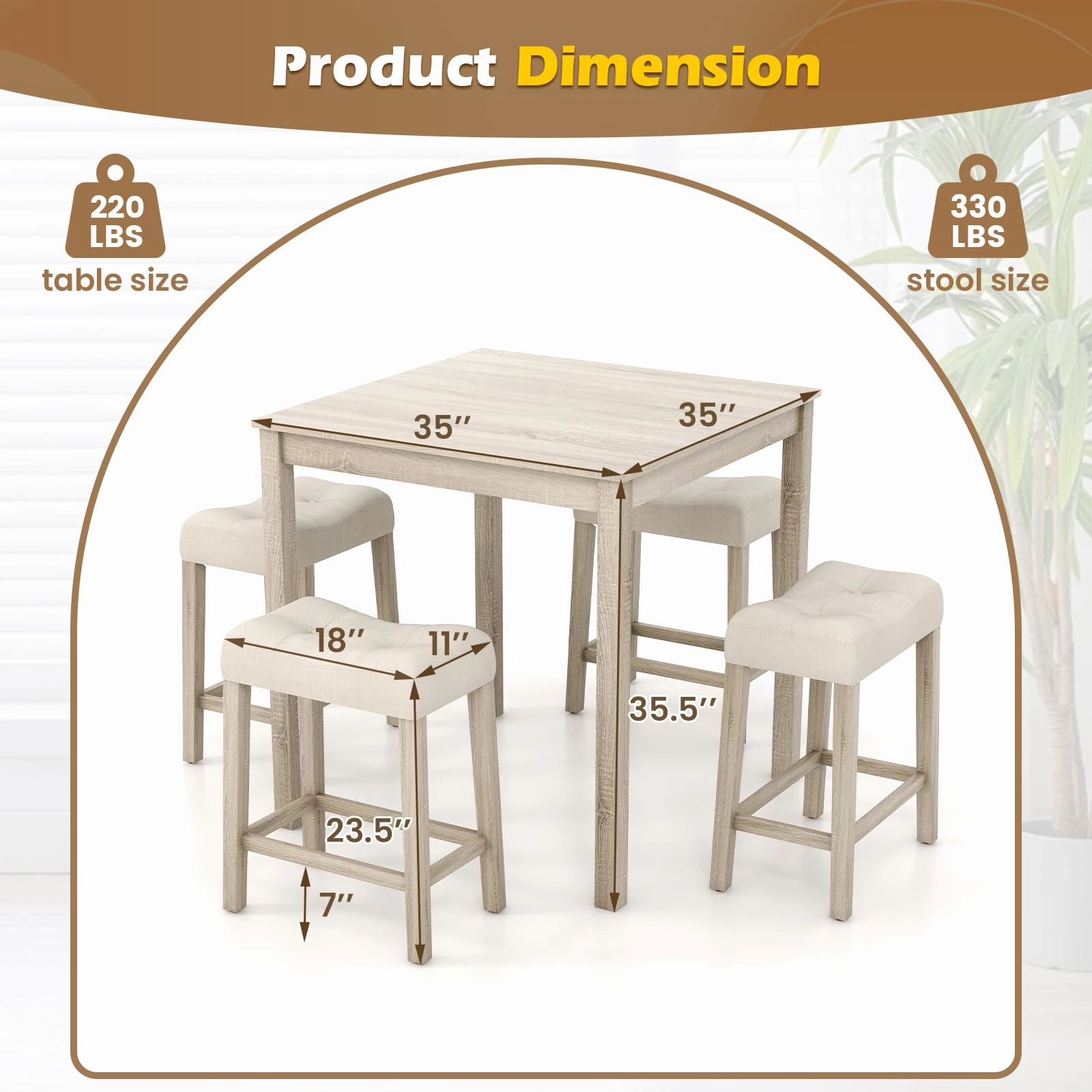 Giantex Dining Table Set for 4, 5-Piece Bar Table Set with 35x35 Square Table, 18x11 Padded Stools