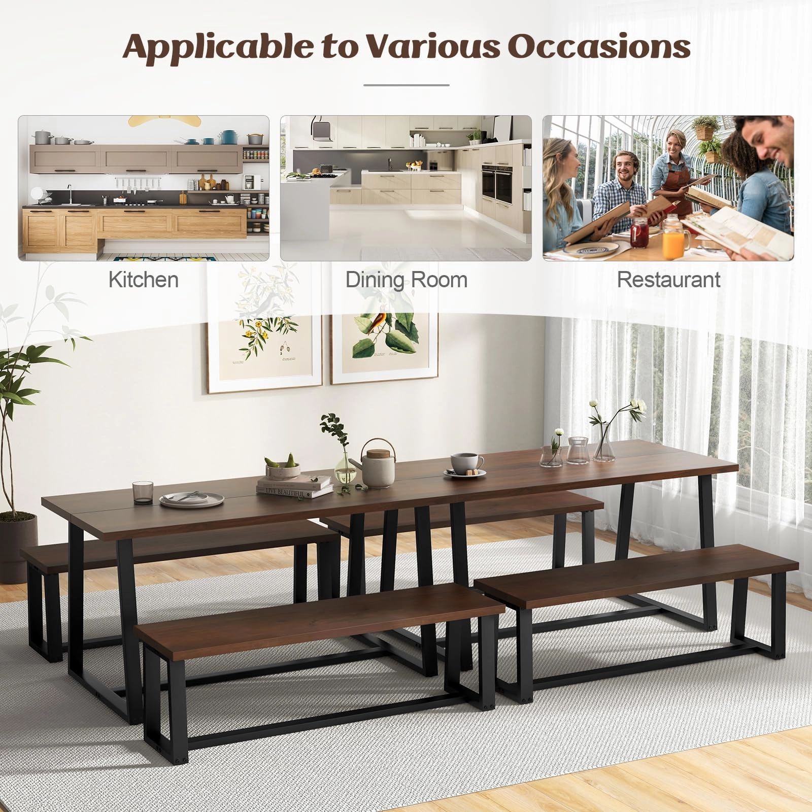 Giantex Dining Table Set for 4, 63 Table and 56.5 Benches Set for 4-6 People with Metal Frame