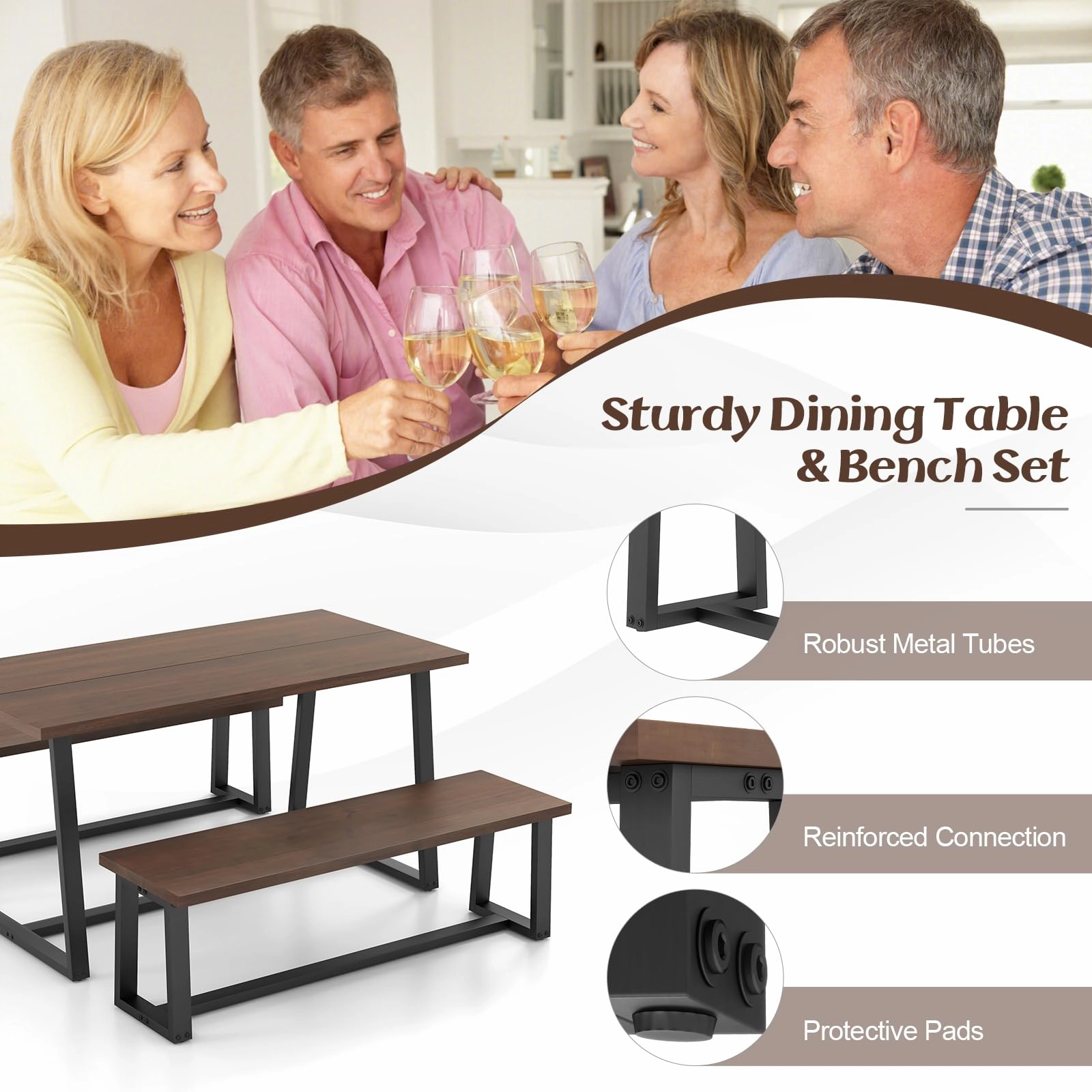 Giantex Dining Table Set for 4, 63 Table and 56.5 Benches Set for 4-6 People with Metal Frame