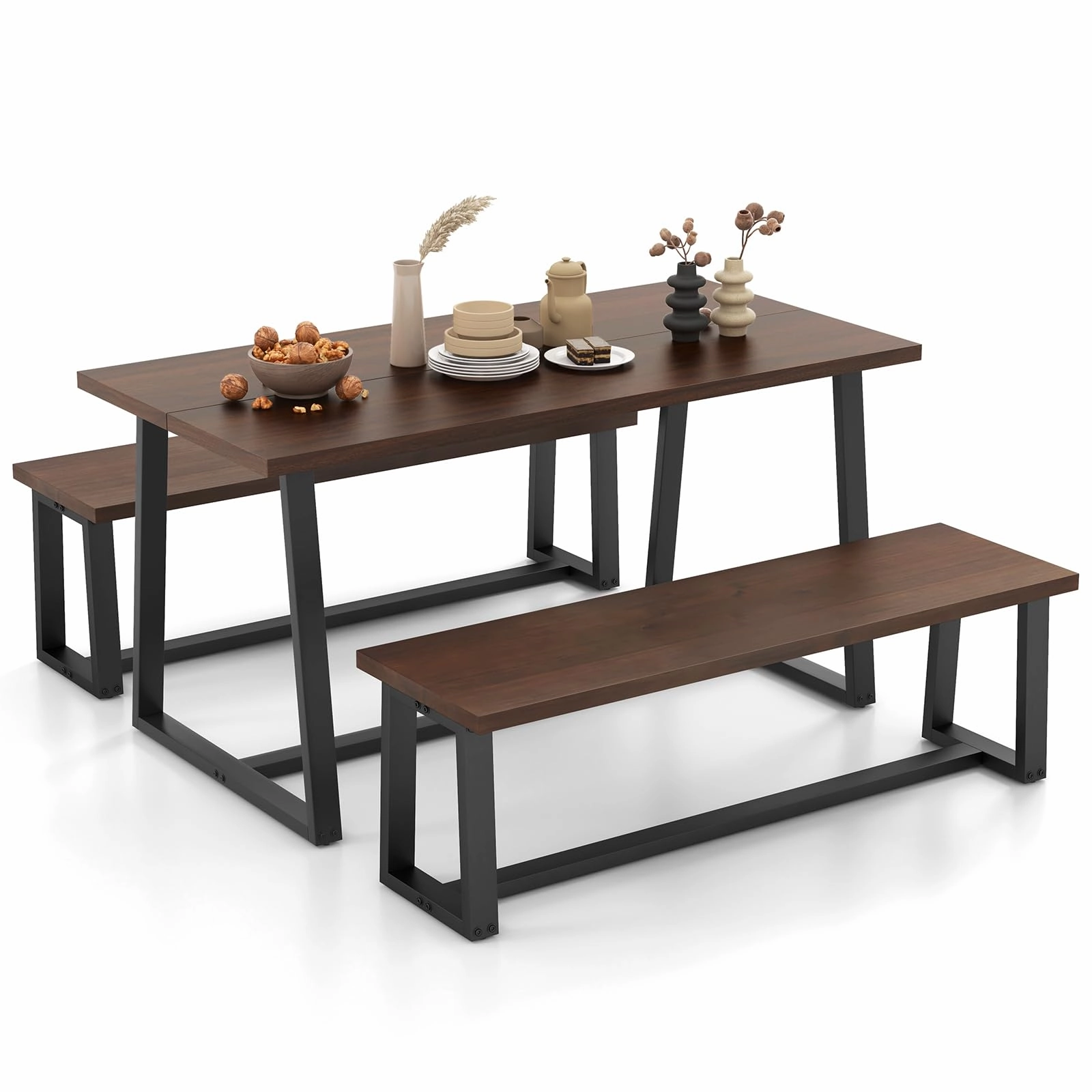 Giantex Dining Table Set for 4, 63 Table and 56.5 Benches Set for 4-6 People with Metal Frame kitchen towel, placemats