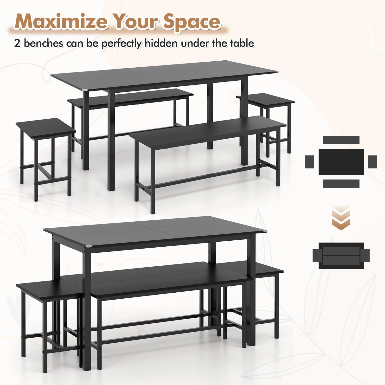 Giantex Dining Table Set for 4-6, 5-Piece Kitchen Table Chairs Set, 63 Extendable Table with 2 Benches