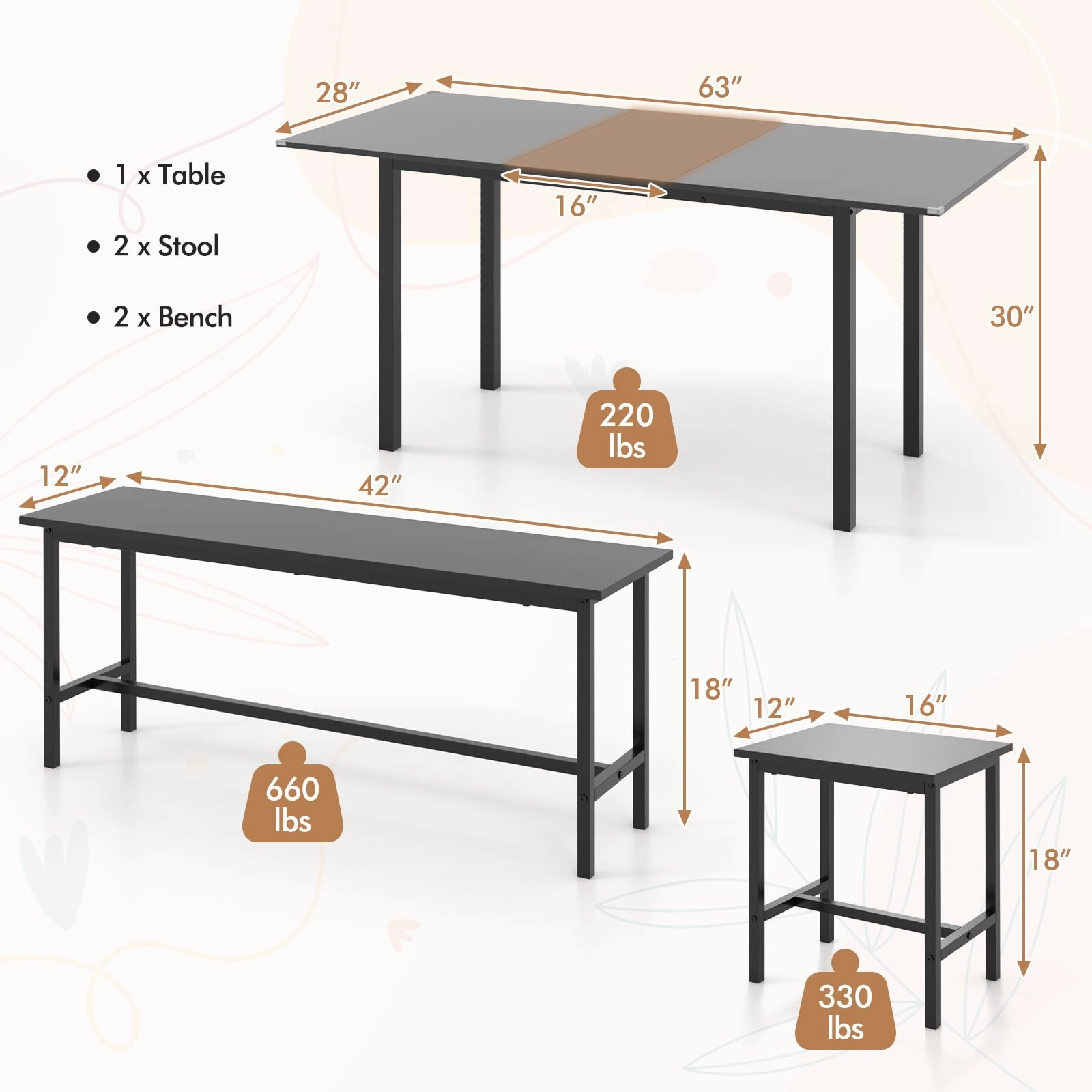 Giantex Dining Table Set for 4-6, 5-Piece Kitchen Table Chairs Set, 63 Extendable Table with 2 Benches