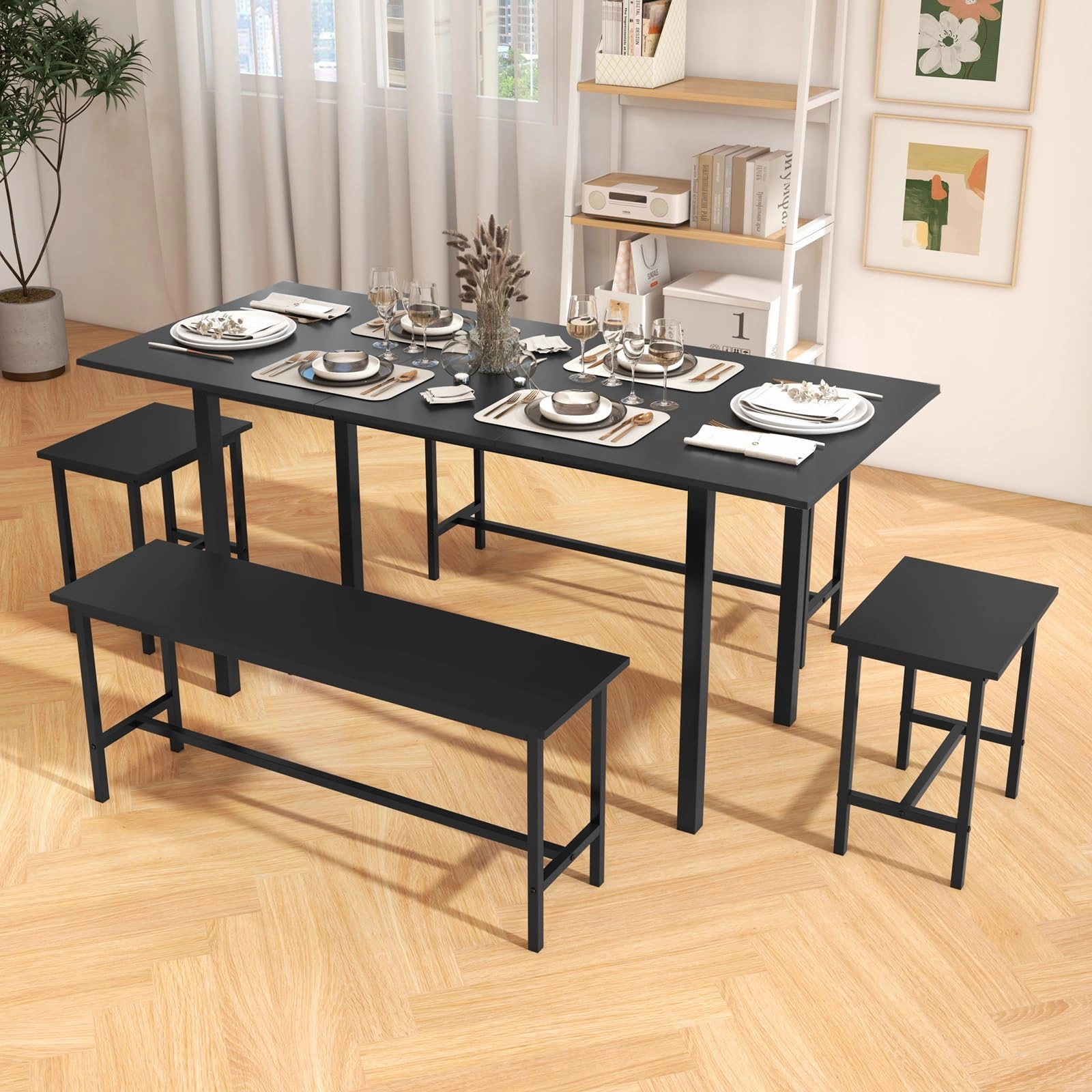Giantex Dining Table Set for 4-6, 5-Piece Kitchen Table Chairs Set, 63 Extendable Table with 2 Benches