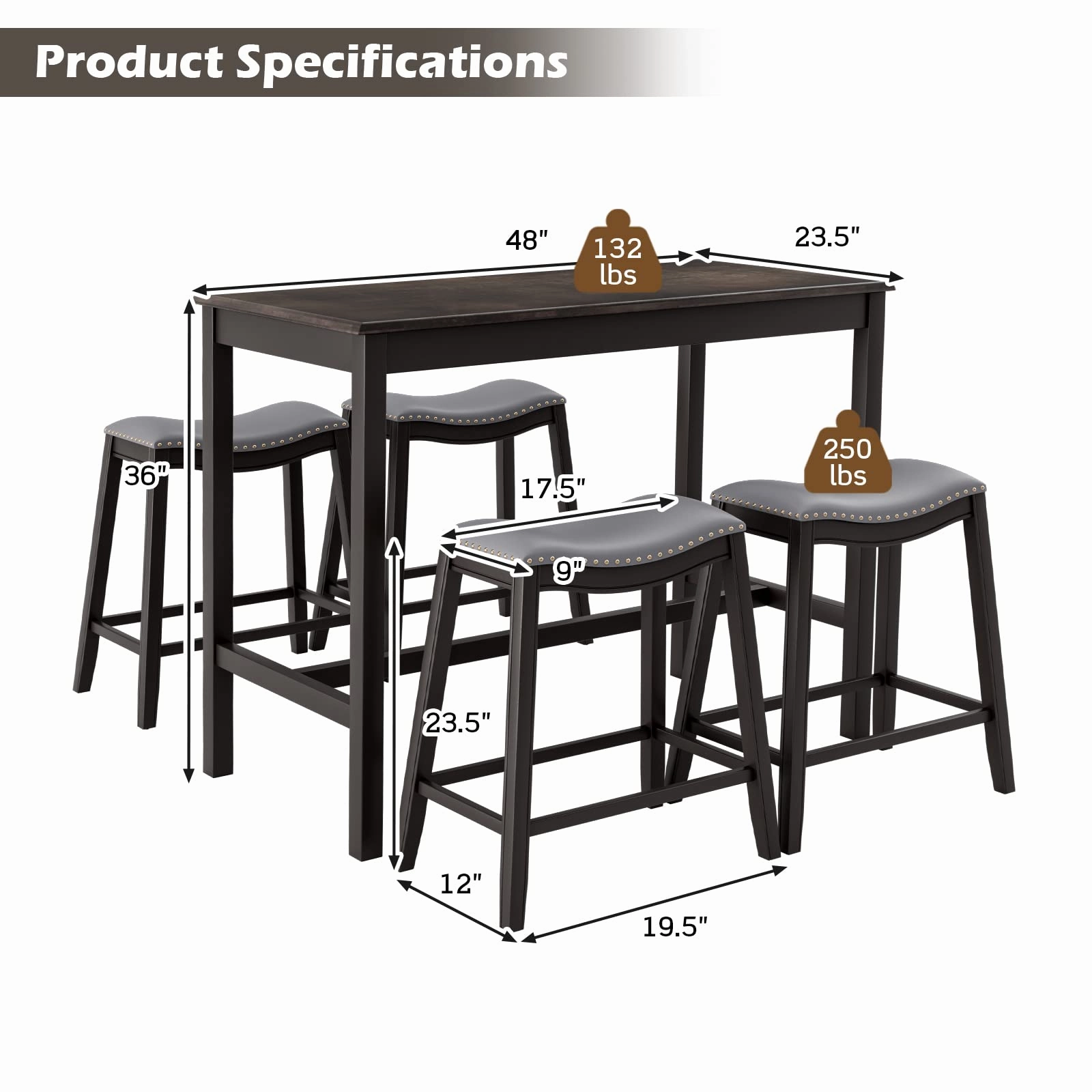 Giantex Dining Table Set for 4, Kitchen Counter Height Table w/ 4 Stools (Black)