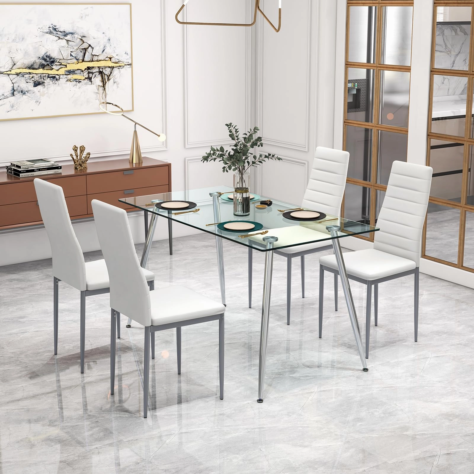 Giantex Dining Table Set for 4, Kitchen Table Chairs Set with 51 Rectangle Glass Dining Table