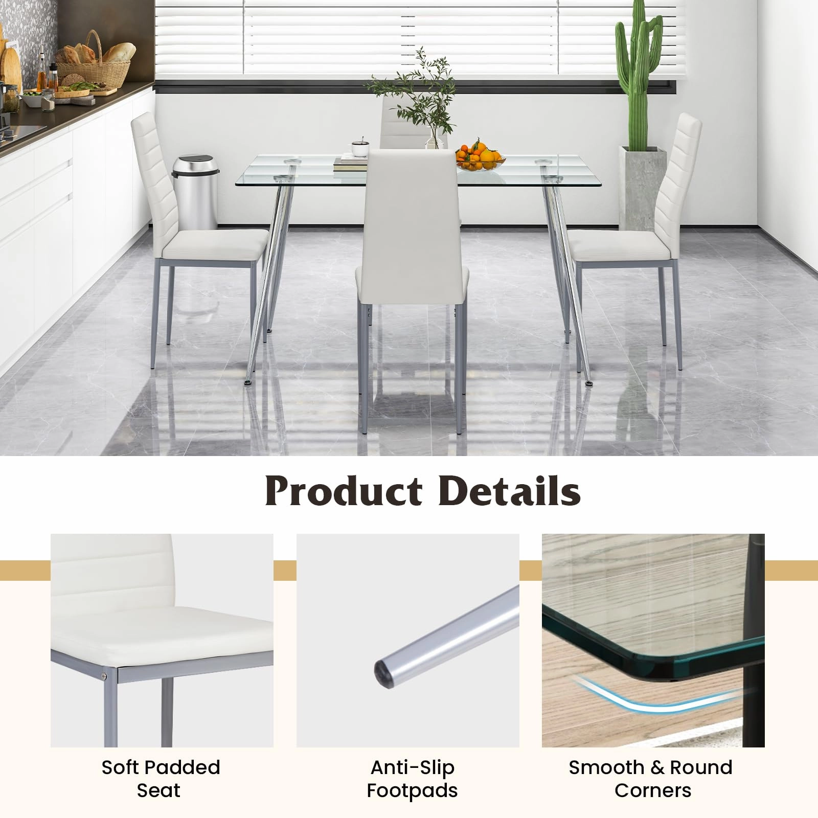 Giantex Dining Table Set for 4, Kitchen Table Chairs Set with 51 Rectangle Glass Dining Table