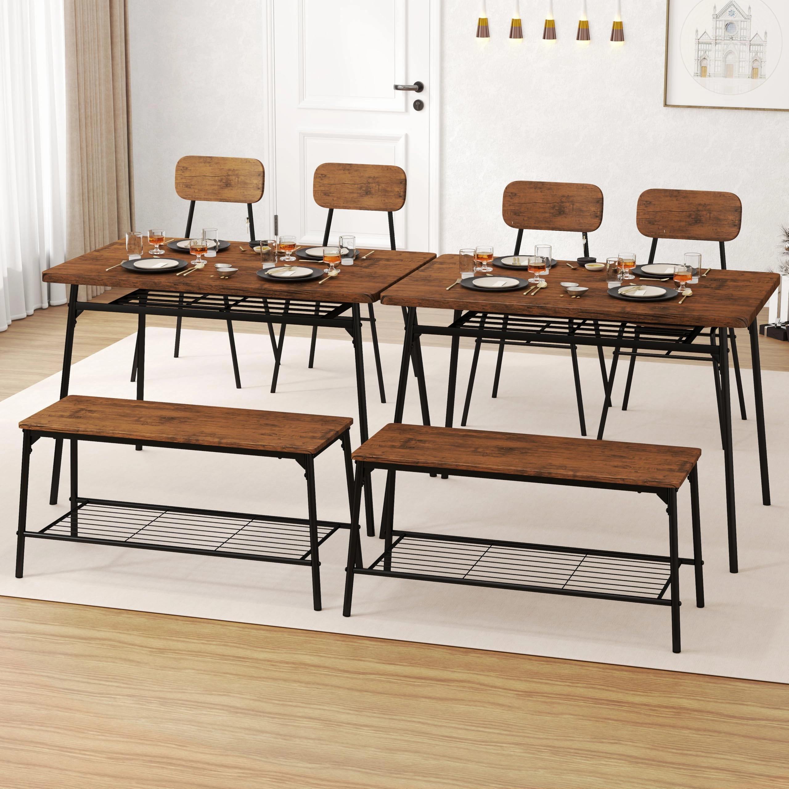 Giantex Dining Table Set for 4, Kitchen Table with Bench & 2 Chairs, Storage & Metal Frame