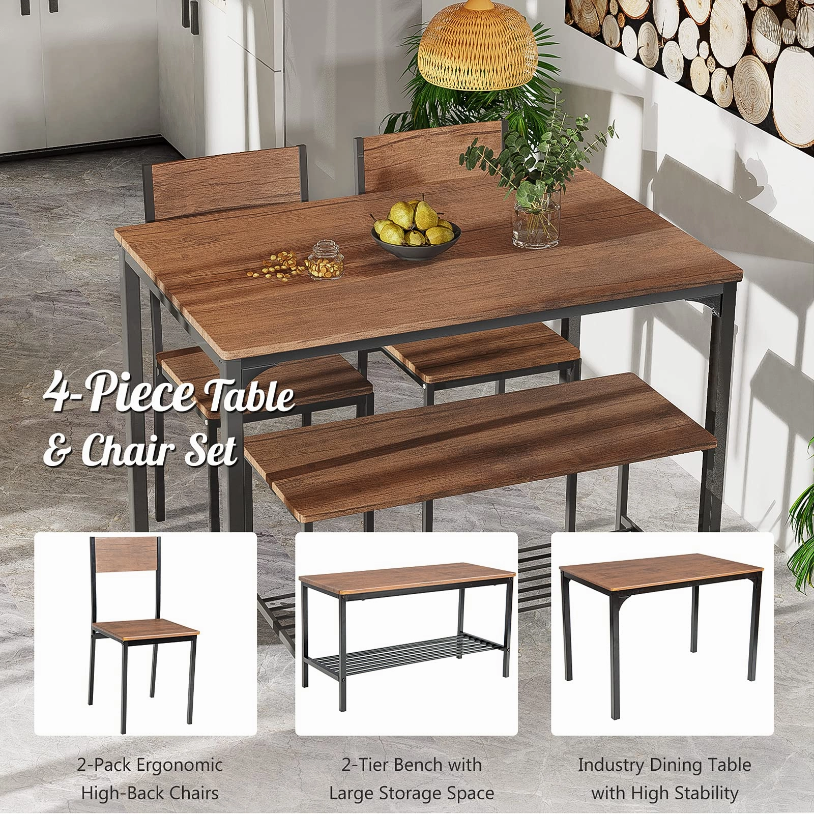 Giantex Dining Table Set for 4, Kitchen Table with Bench and Chairs