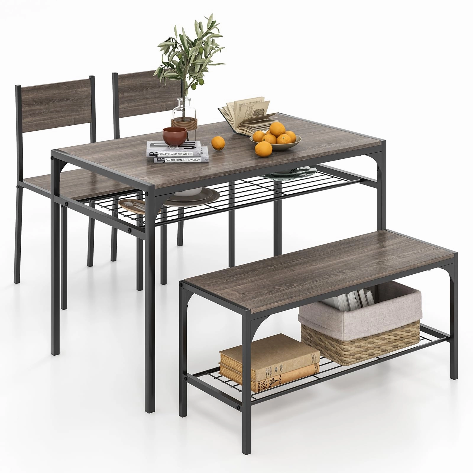 Giantex Dining Table Set for 4, Kitchen Table with Chairs & Bench, Storage Racks