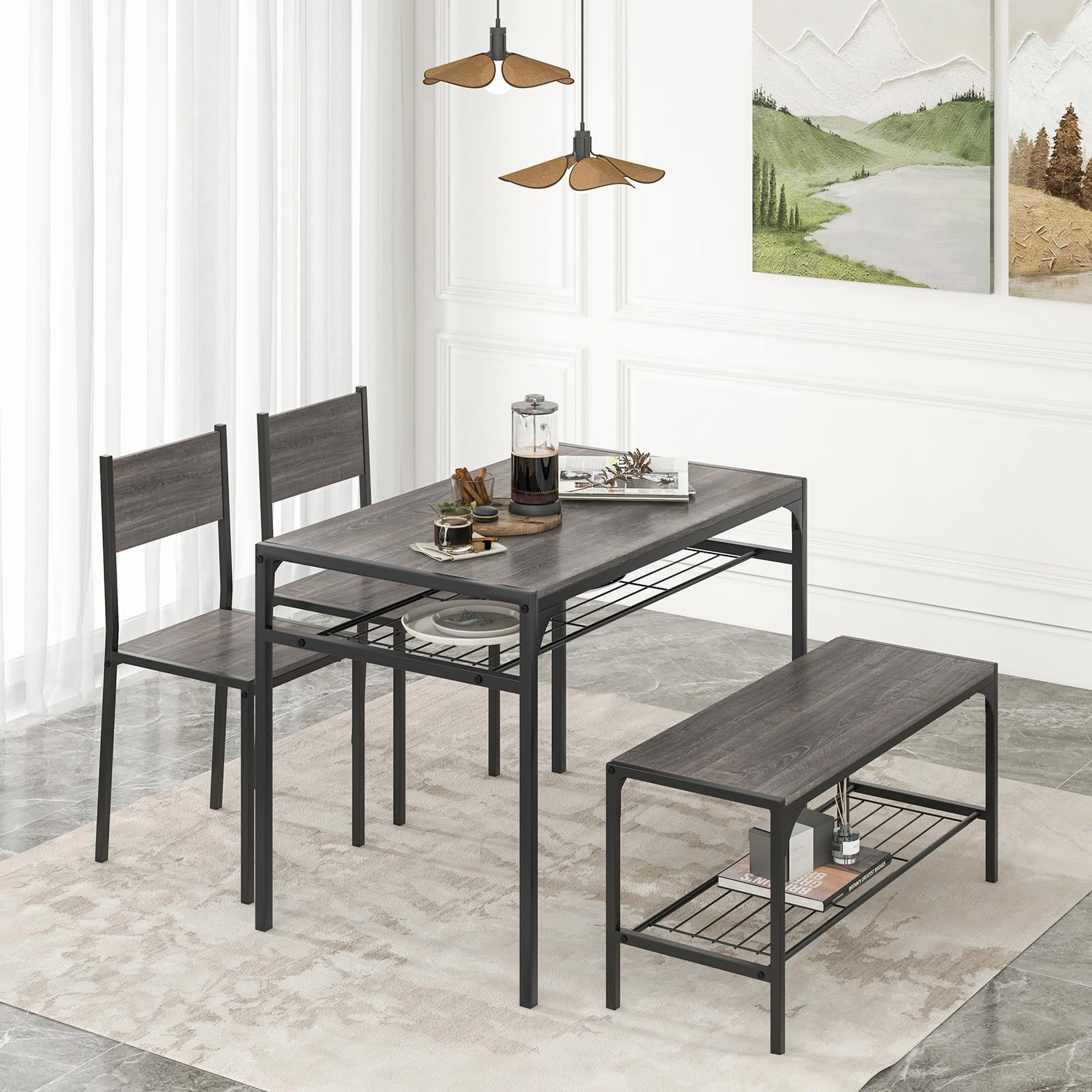 Giantex Dining Table Set for 4, Kitchen Table with Chairs & Bench, Storage Racks
