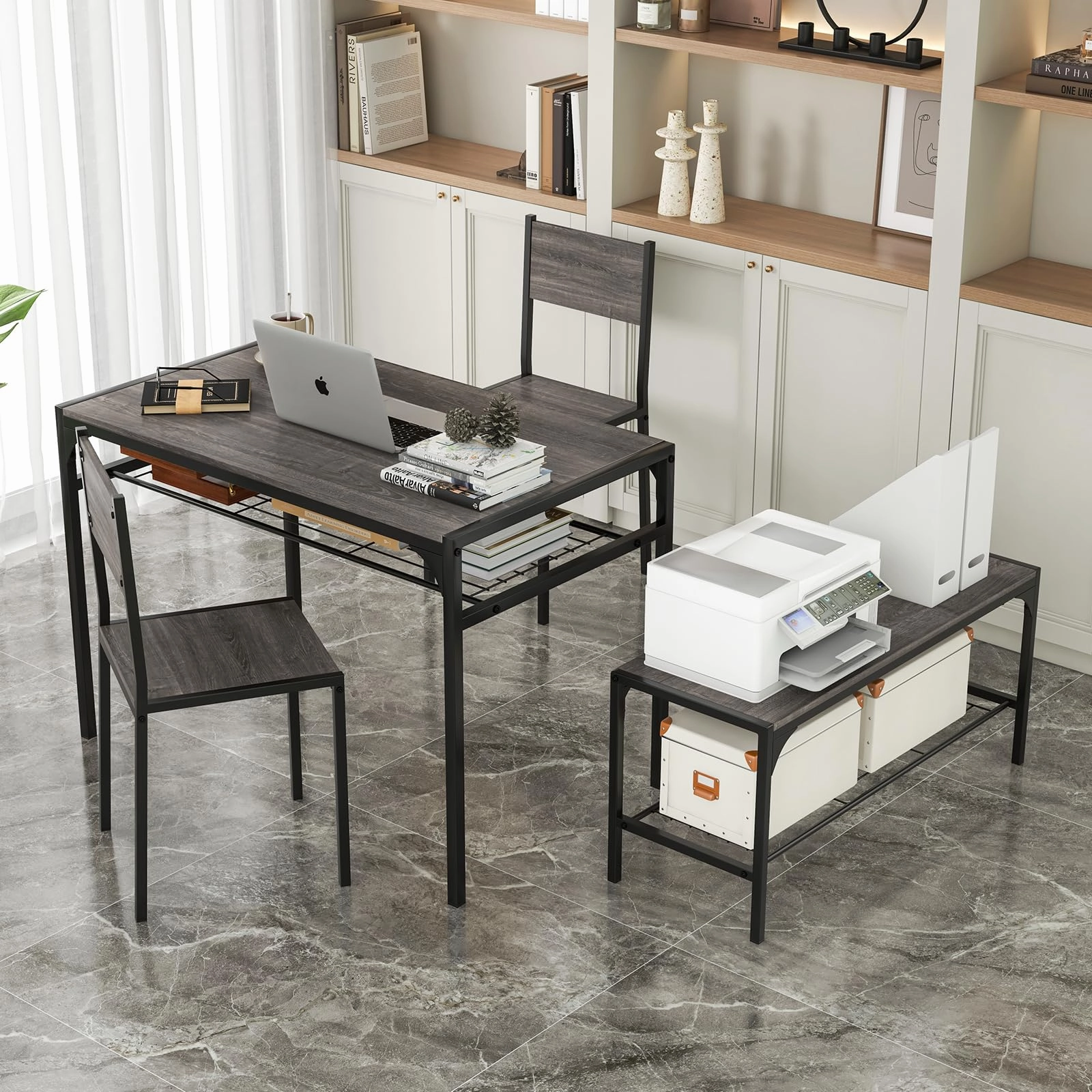 Giantex Dining Table Set for 4, Kitchen Table with Chairs & Bench, Storage Racks