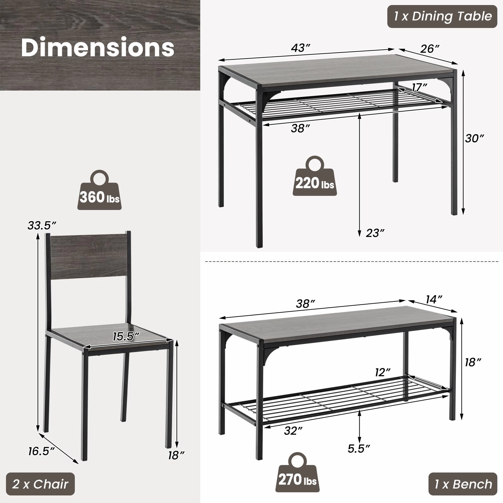 Giantex Dining Table Set for 4, Kitchen Table with Chairs & Bench, Storage Racks